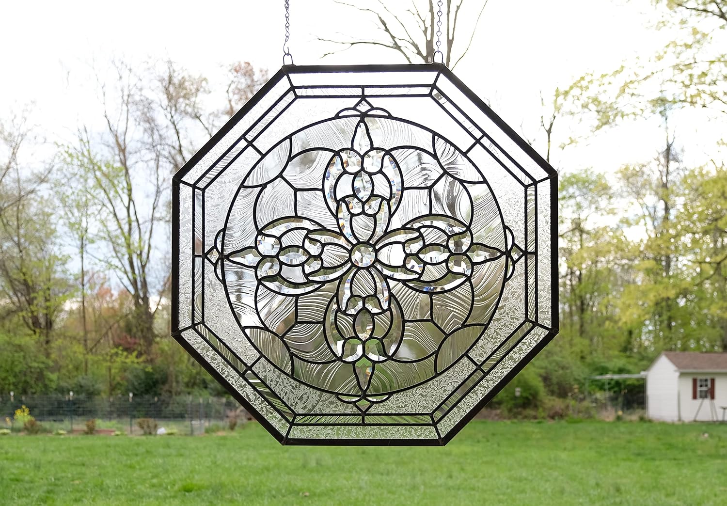 24" x 24" All Clear Stained Glass Octagon Beveled Hanging Window Panel
