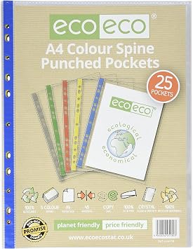 eco-eco A4 100% Recycled Coloured Spine Multi Punched Pockets Glass Clear, Transparent Poly Wallet Sheet Protector, 45 Microns Pack of 25, eco130,Multi Coloured