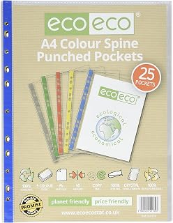 eco-eco A4 100% Recycled Coloured Spine Multi Punched Pockets Glass Clear, Transparent Poly Wallet Sheet Protector, 45 Microns (Pack of 25), eco130,Multi Coloured