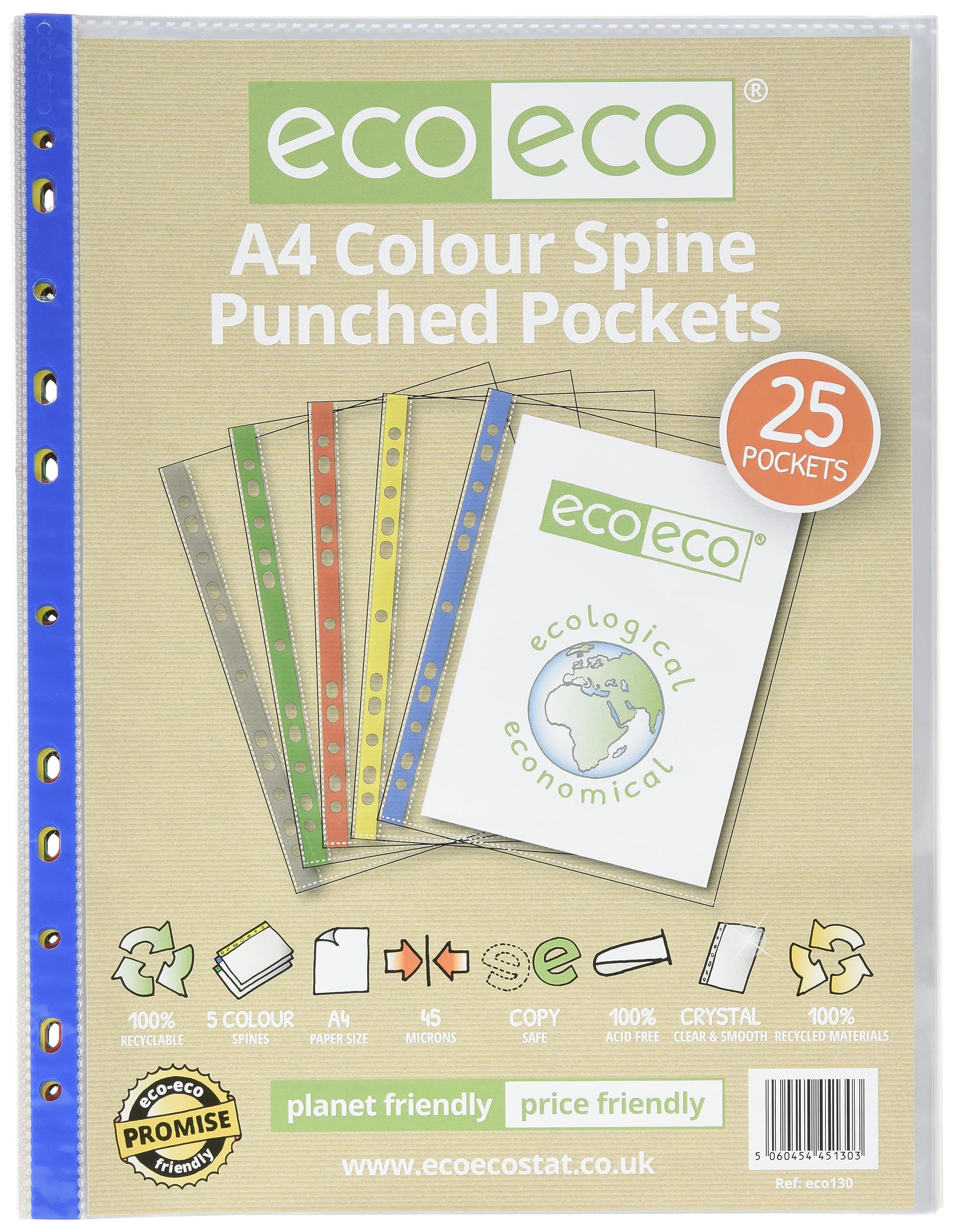 Eco-Eco A4 Multi Colour Spine Punched Pockets, 100% Recycled Pack Of 25