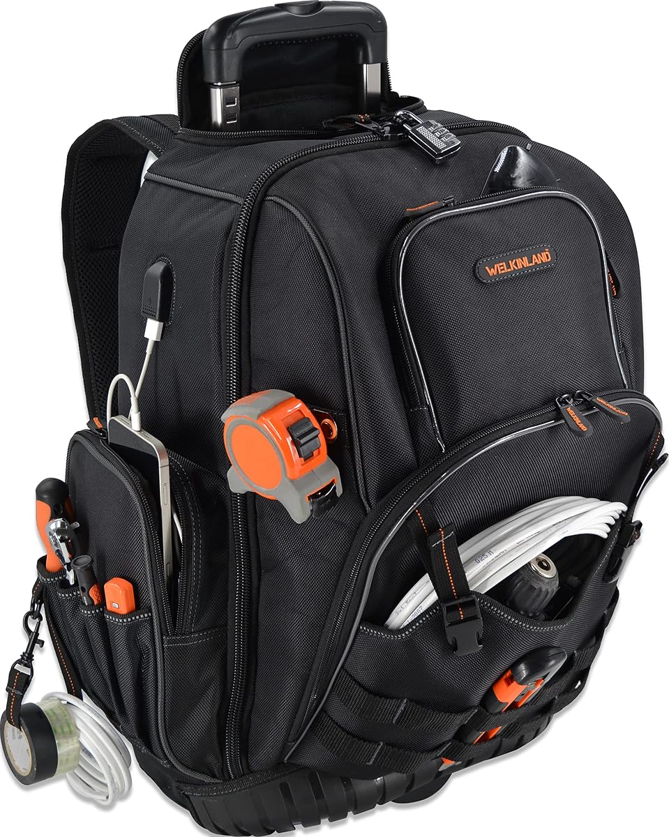 WELKINLAND Mochila para herramientas con ruedas de 72 bolsillos, mochila para herramientas con ruedas | Bolsa de herramientas rodante de alta resistencia con ruedas, bolsa de herramientas grande con rueda, bolsa de herramientas de electricista/HVAC para hombres, bolsa de herramientas de viaje con ruedas