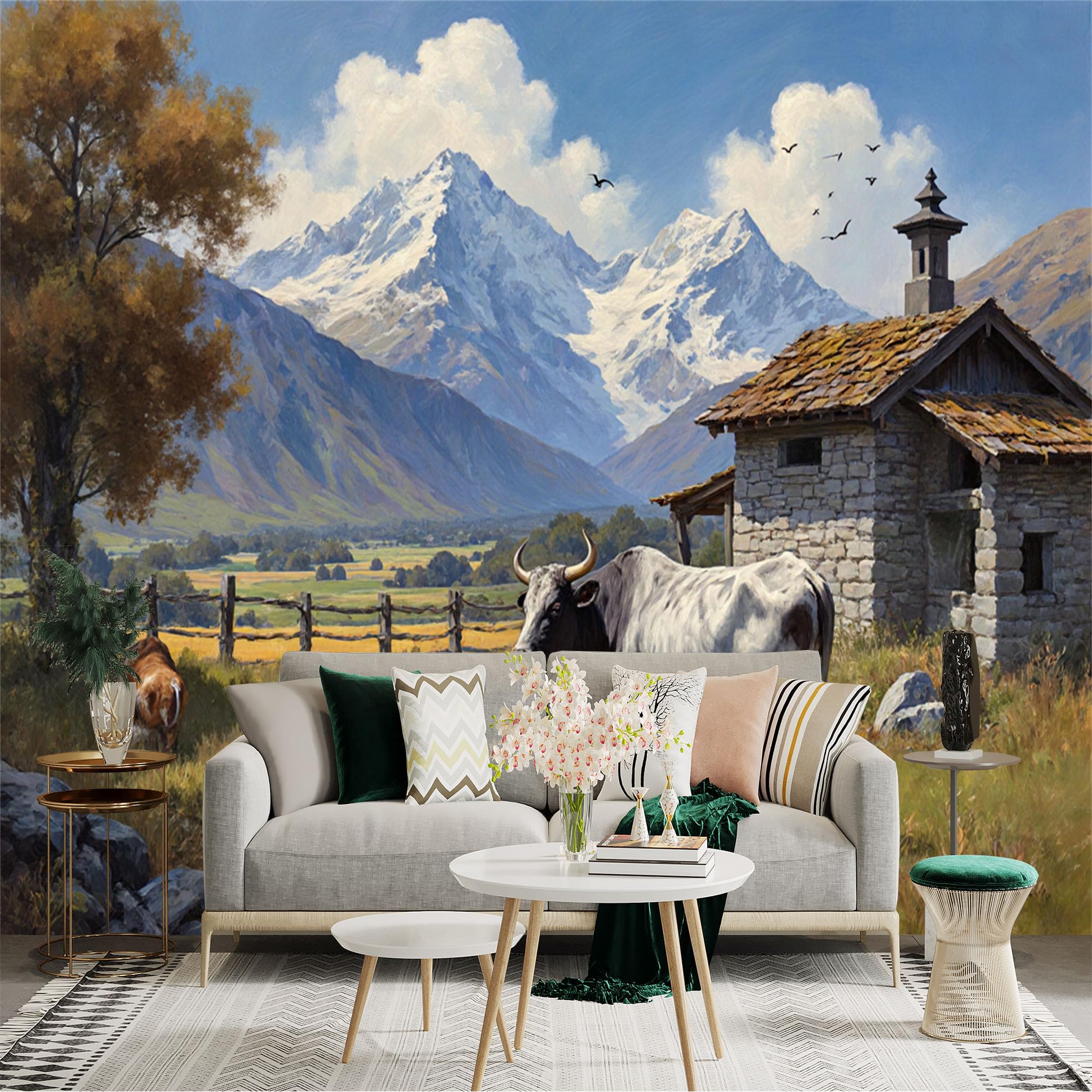 Lnzczhyre Xc260505837 Custom Size Wall Sticker Mural， Pastoral Landscape With Cattle And Stone Cabin， Majestic Snowy Mountains， Peaceful Rural Meadow， For Wall Decoration， Peelandstick Wall Decals.