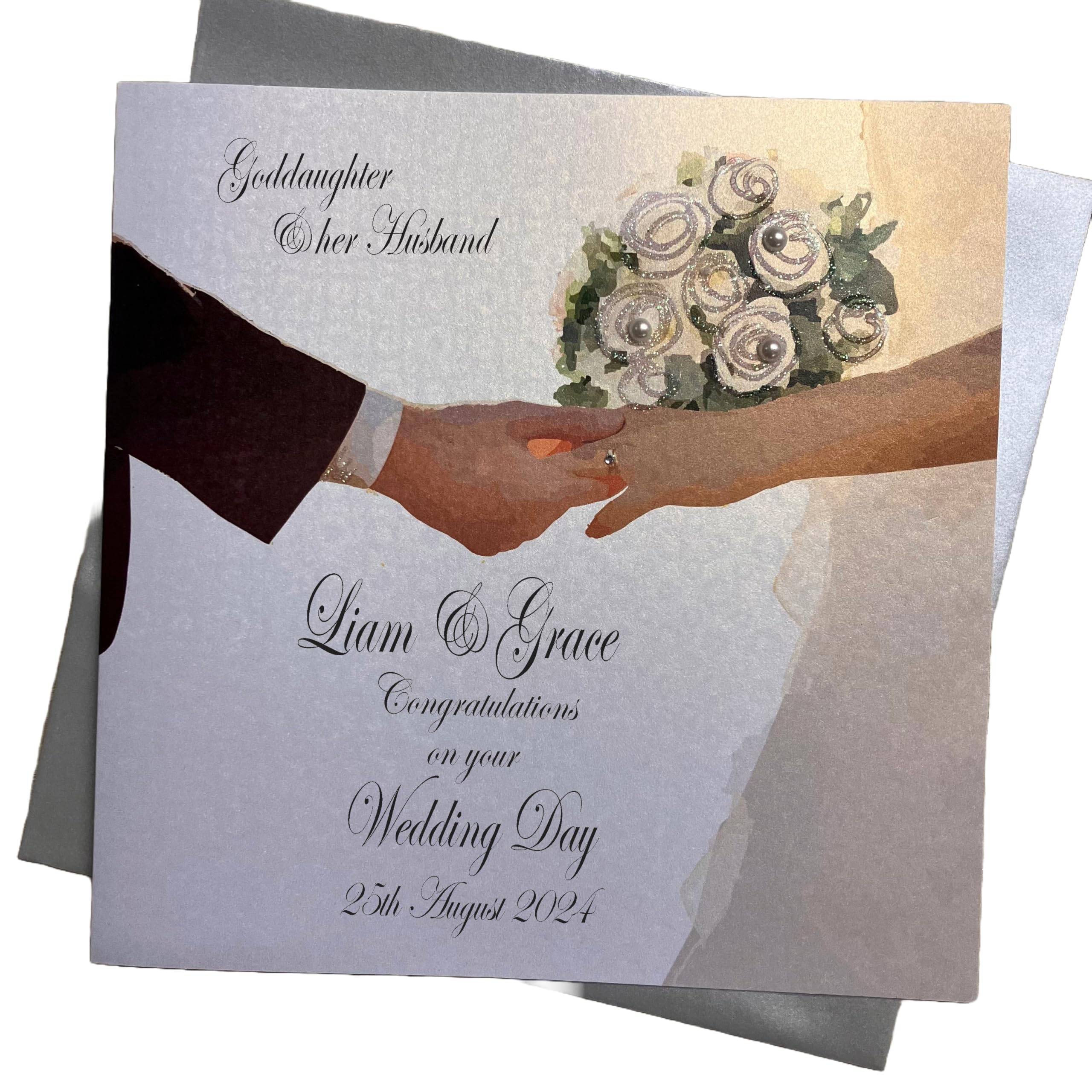 WHITE COTTON CARDS PERSONALISED WEDDING CARD. GODDAUGHTER & HER HUSBAND. HANDS & WHITE FLOWERS DESIGN. HAND FINISHED (P24-25-GODD)