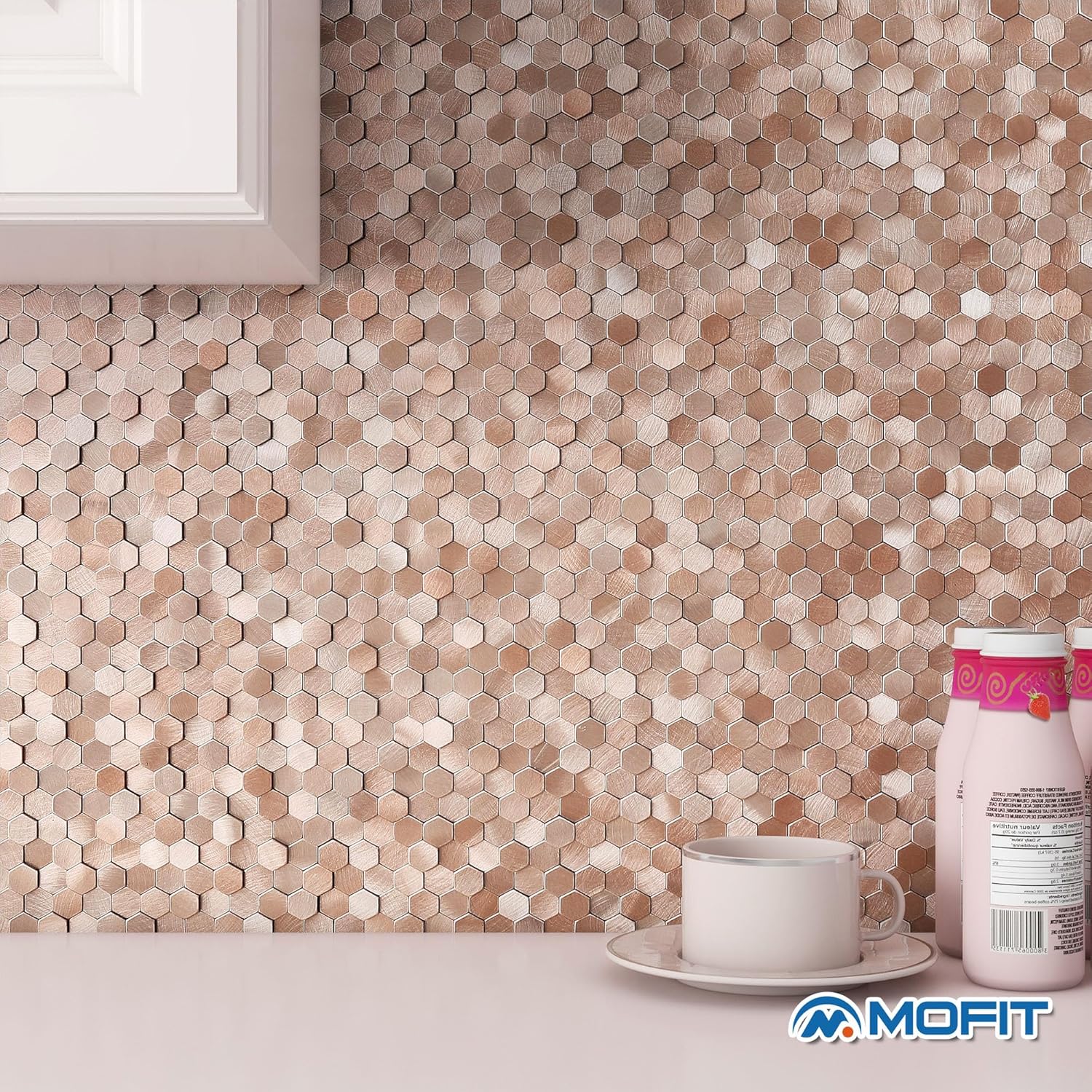 3D Metal Peel and Stick Backsplash for Kitchen,Mini Hexagon Tile Stickers Self Adhesive Wall Tiles Heat Resistant(8 Sheets,Rose Gold)