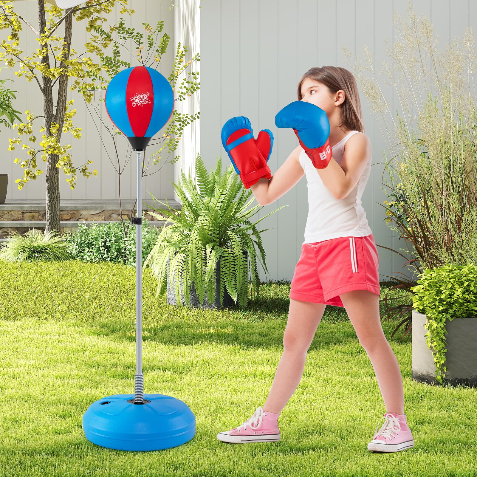 RELAX4LIFE Punching Ball con Guantini per Adulti e Bambini, Sacco da Boxe con Altezza Regolabile 120-154 cm, Palla di Pugilato da Terra con Base Stabile