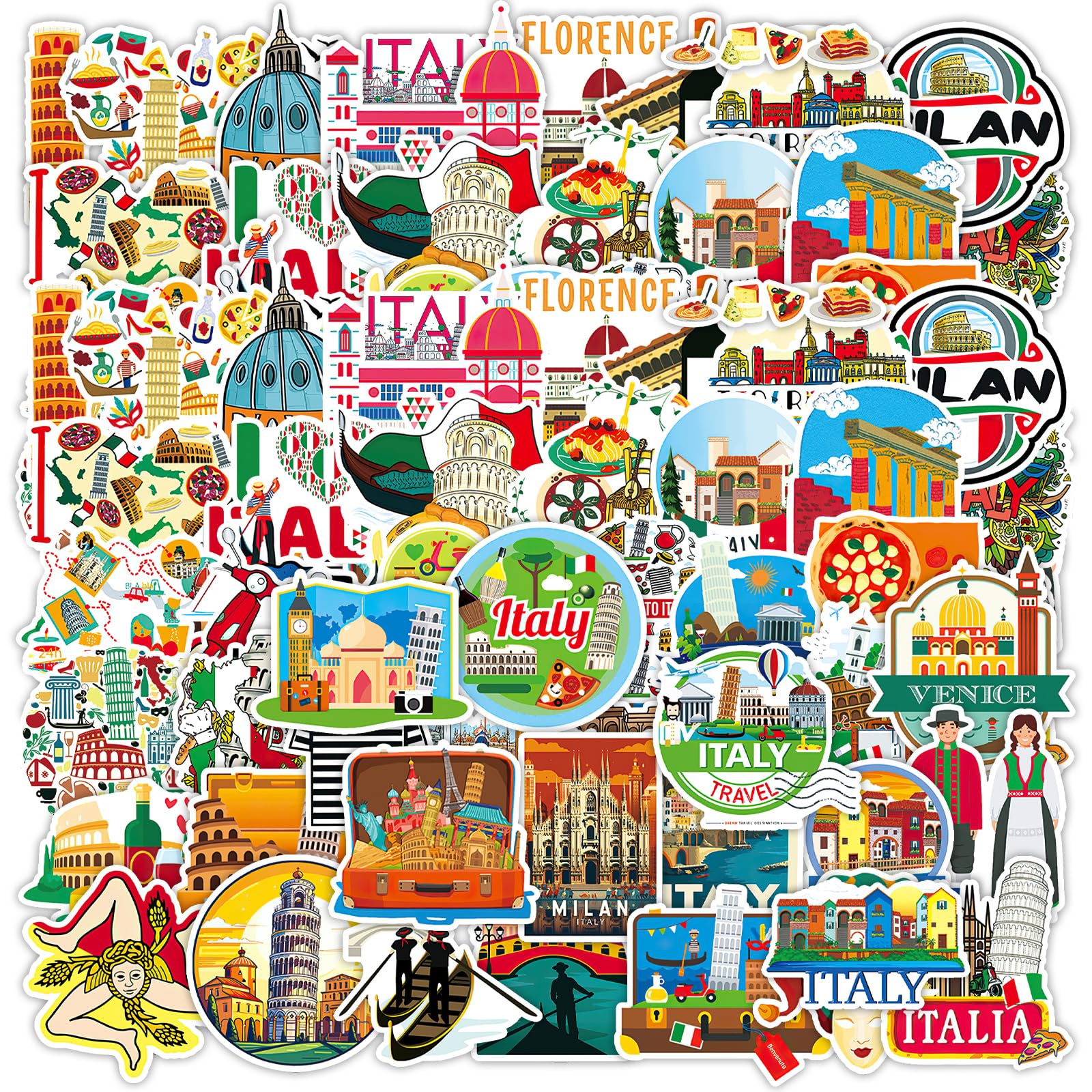 100 Italian Stickers, Italian Travel and Holiday Stickers Featuring Italian Landmarks, Suitable for Notebooks, Food and Culture, Water Bottles, Luggage, Scrapbooks, Gifts for Italy Enthusiasts