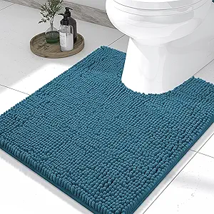 Smiry Luxury Chenille Toilet Rugs U-Shaped 24x20, Soft Absorbent Non-Slip Contour Bathroom Rugs for Toilet, Machine Washable Contoured Bath Mats, Peacock Blue