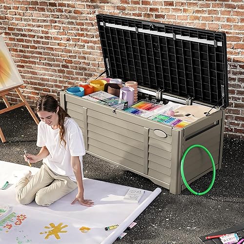 Miniatura 2 de DWVO Caja de almacenamiento con rejilla para exteriores con capacidad de 120 galones, caja de almacenamiento grande para almohadas al aire libre,