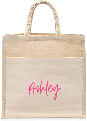 WEDDINGSTAR Bolso de asas tejido medio personalizado de yute con bolsillo