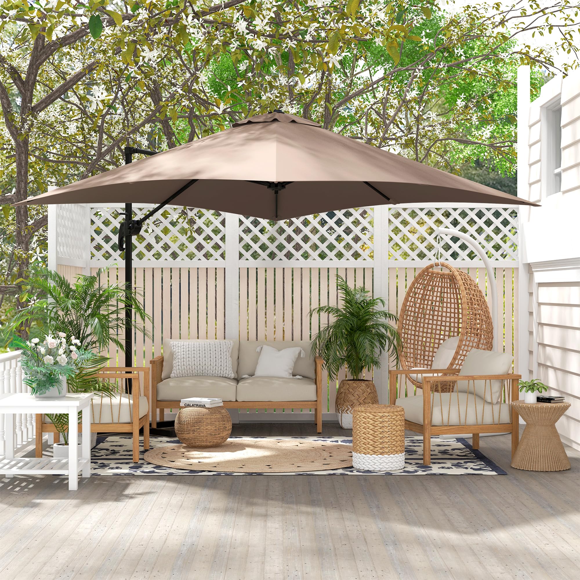 Outsunny Ombrellone da Giardino Manovella 3x3 m Inclinabile 360 | Ombrellone Decentrato a Braccio, Base a Croce, Girevole a 360°, Poliestere 250g/㎡, Alluminio