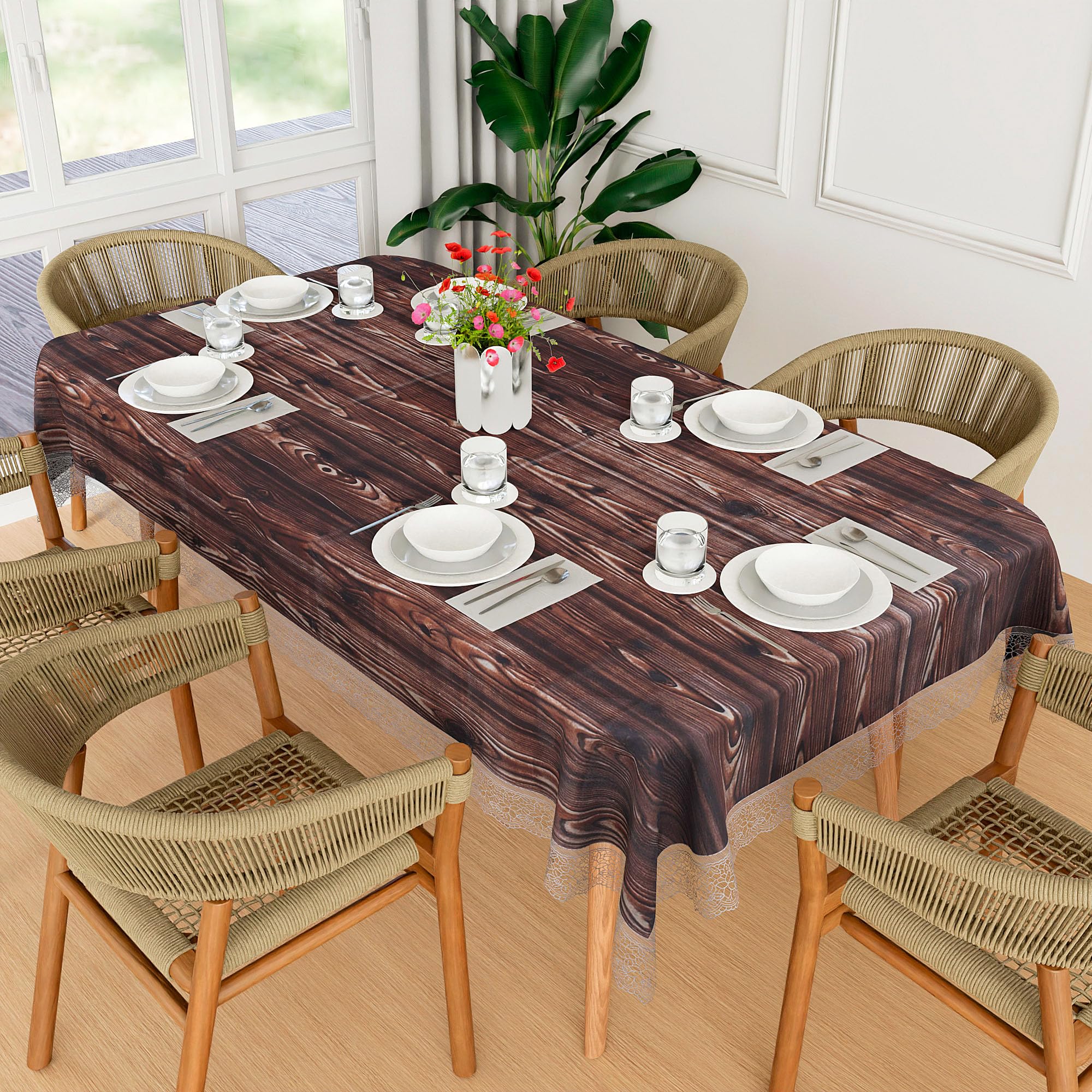 Kuber Industries PVC 60x90 Inch 6 Seater Table Cover Cloth | Multipurpose Dining Table Cover/Sheet for Party and Events | Wooden Design - Brown
