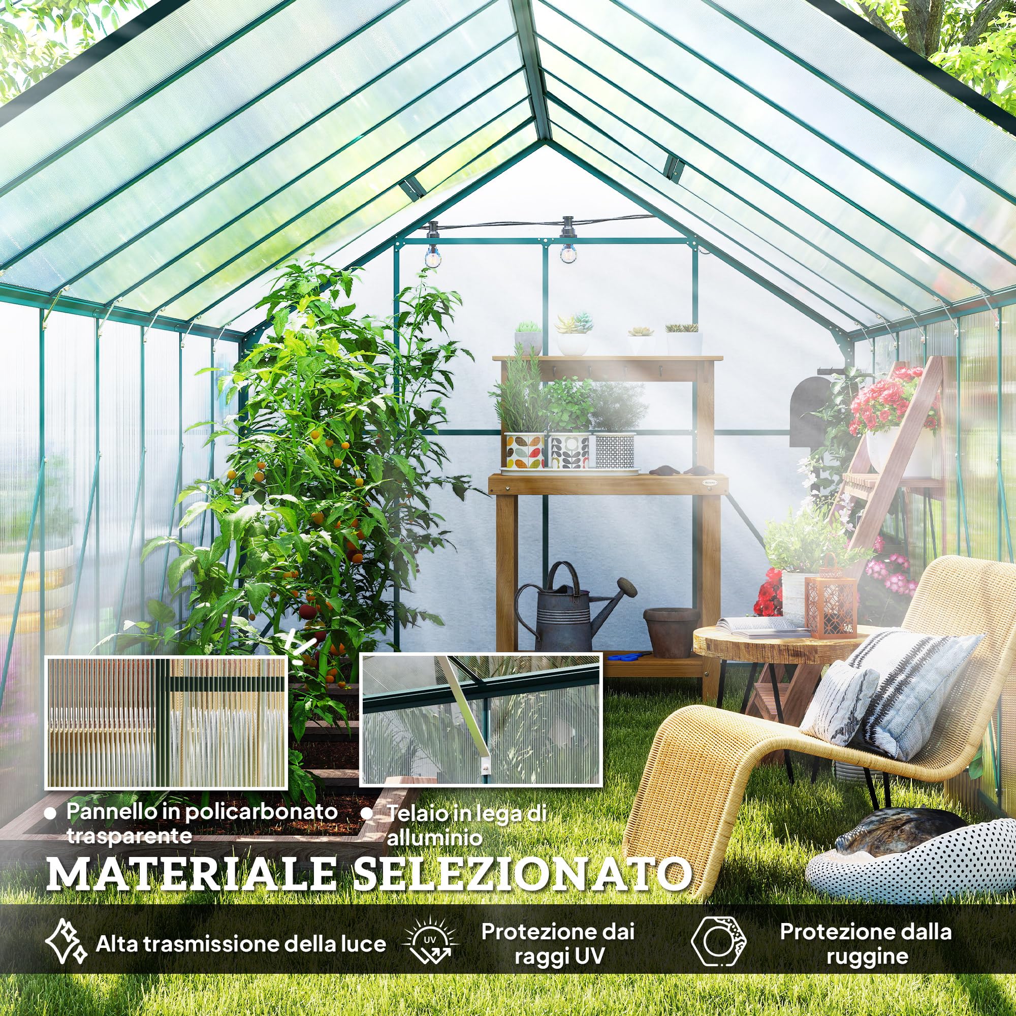 Outsunny Serra da Giardino in Policarbonato con Porta Scorrevole e Finestra Apribile, Serra per Piante in Alluminio, 244x500x216 cm, Verde