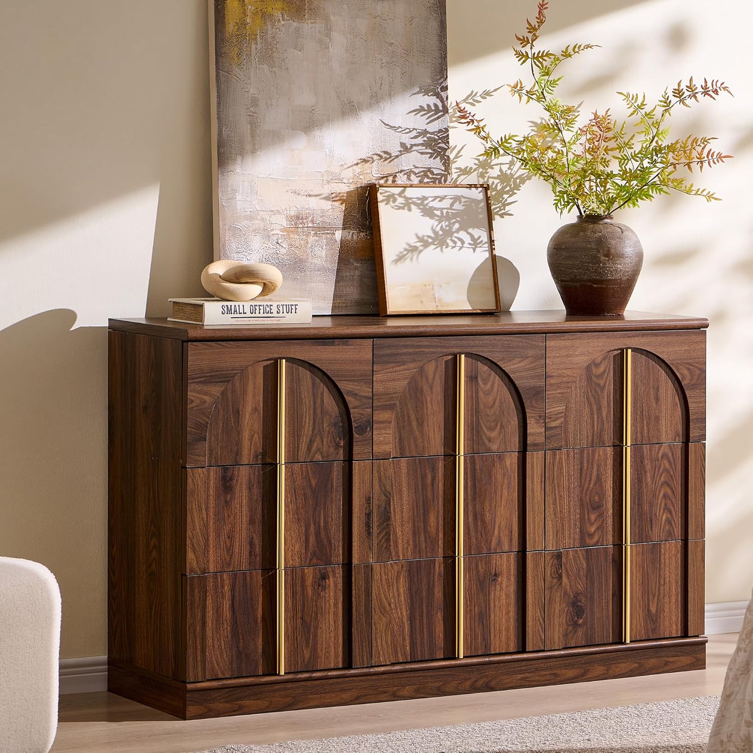 ACCOHOHO Arched Dresser for Bedroom with 9 Drawers, 52" Wide Modern Chest of Drawers with Rounded Edge & Metal Handles, Wood Storage Closet Dressers TV Stand for Living Room, Hallway, Brown