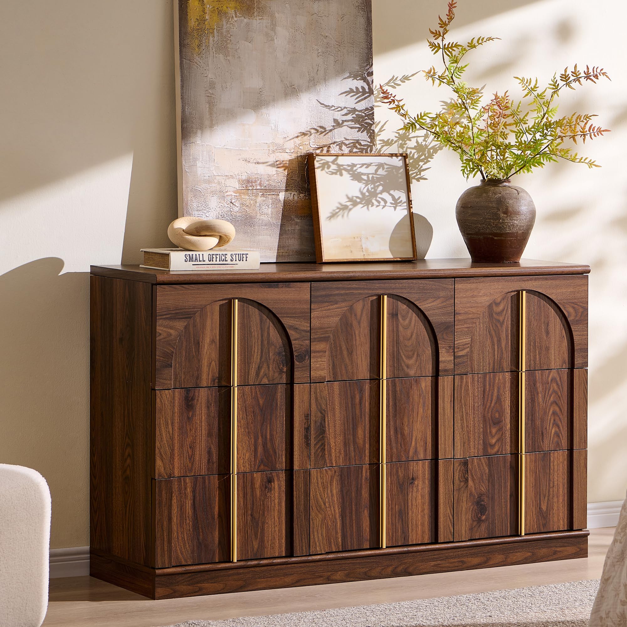 ACCOHOHO Arched Dresser for Bedroom with 9 Drawers, 52" Wide Modern Chest of Drawers with Rounded Edge & Metal Handles, Wood Storage Closet Dressers TV Stand for Living Room, Hallway, Brown