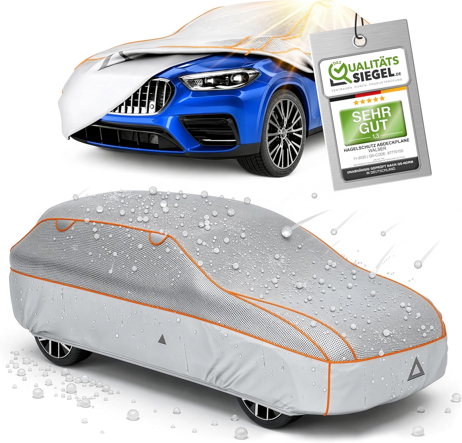 WALSER Premium Hail & Heat Protection Tarpaulin Car Hail Protection Tarpaulin EPE Sun Protect - Reduces Heat Indoors 100% Waterproof Car Garage Cover All-Year Tarpaulin Size 8