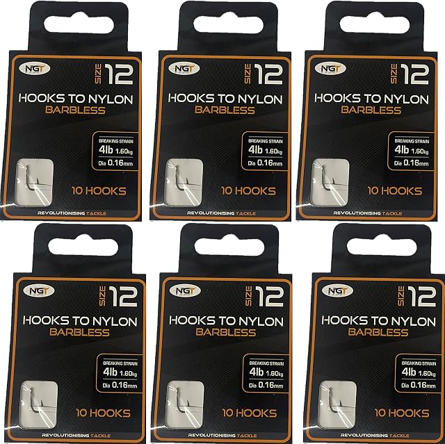 60 x NGT Barbless Hooks To Nylon Size 12 Carp Coarse Fishing Tackle 6 Packs Of 10