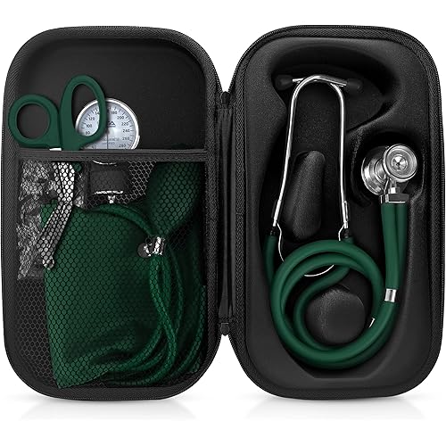 ASA TECHMED Medical Starter Kit - Stethoscope, Durable Blood Pressure Monitor, and EMT Shears and Protective Carrying Case Ideal for Healthcare Professionals, Hunter Green