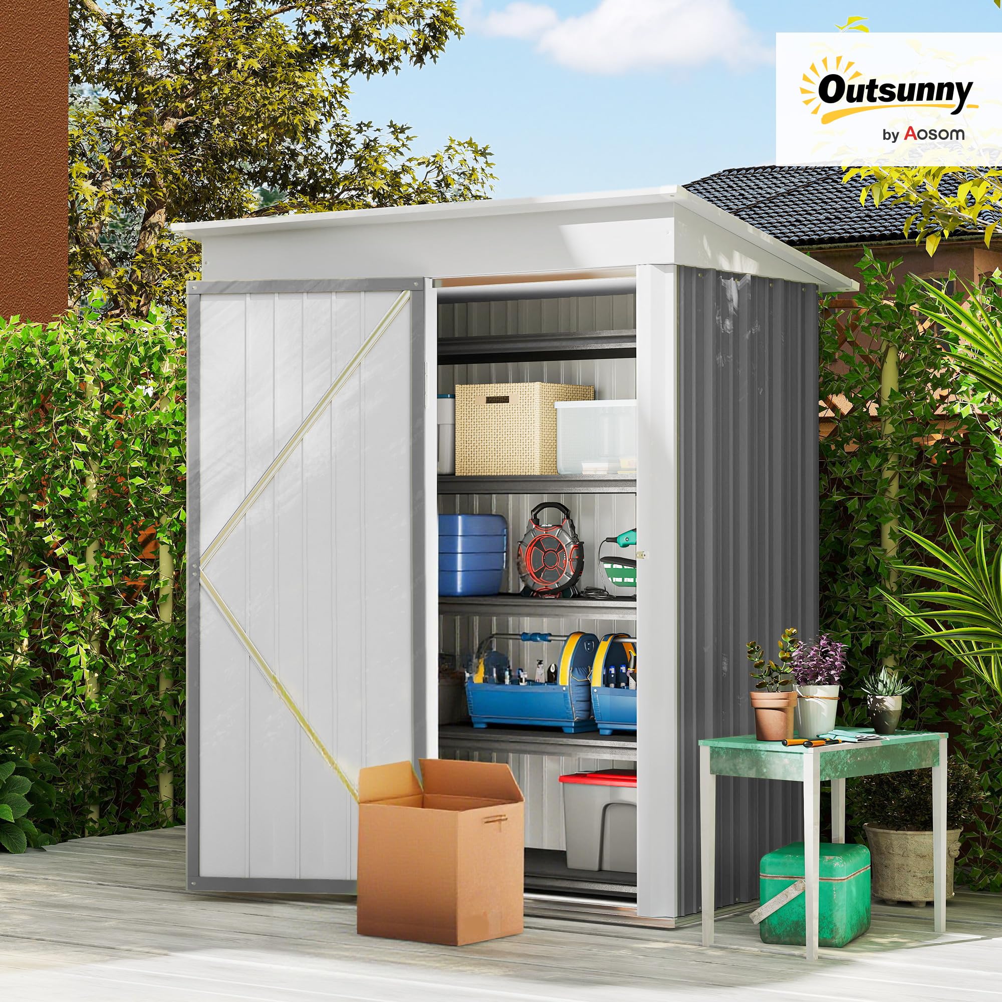 Outsunny Metall Gerätehaus 1,36m² mit Pultdach 161 x 95 x 181cm Grau | Fundament, Verstellbare Regale, Abschließbare Tür, Wetterfest, Geräteschuppen, Gartenhaus, Outdoor Garten Schuppen