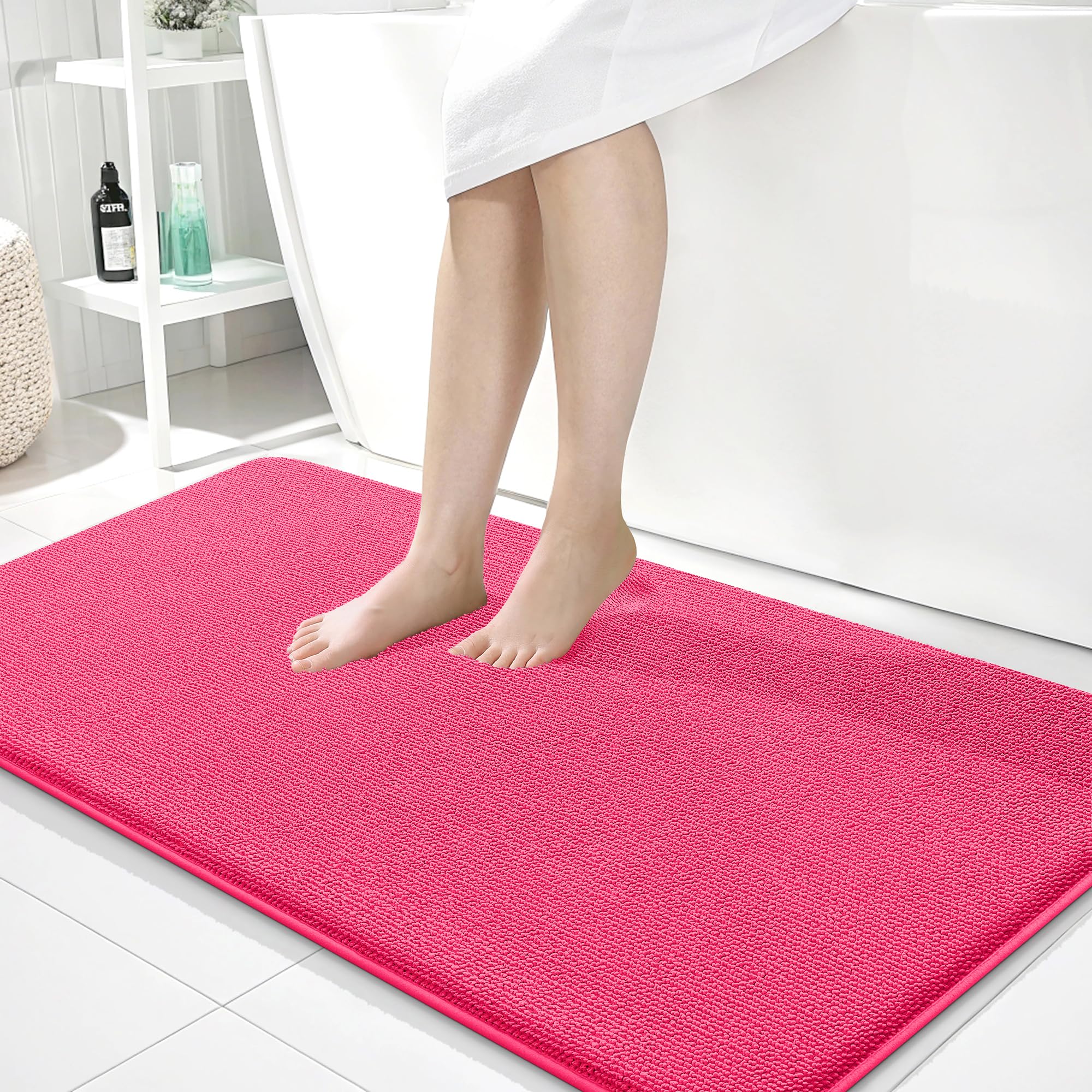 OLANLY Memory Foam Bathroom Runner Rugs 44x24, Absorbent Long Mat, Hot Pink