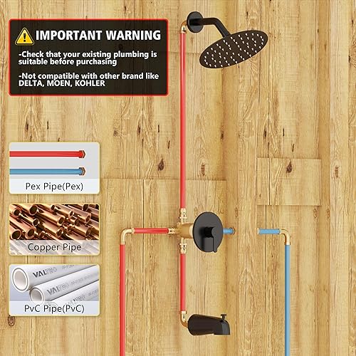 Miniatura 7 de Juego de grifo de ducha con válvula, juego de grifo de ducha negro con cabezal de ducha Rian de 6 pulgadas y boquilla de bañera, juegos completos de