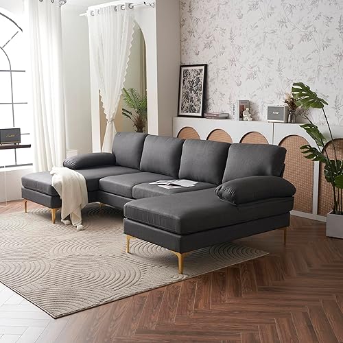 Miniatura 6 de Sofá seccional moderno en forma de U con diván doble, sofá de tela moderno con pies de latón para sala de estar, (gris oscuro)