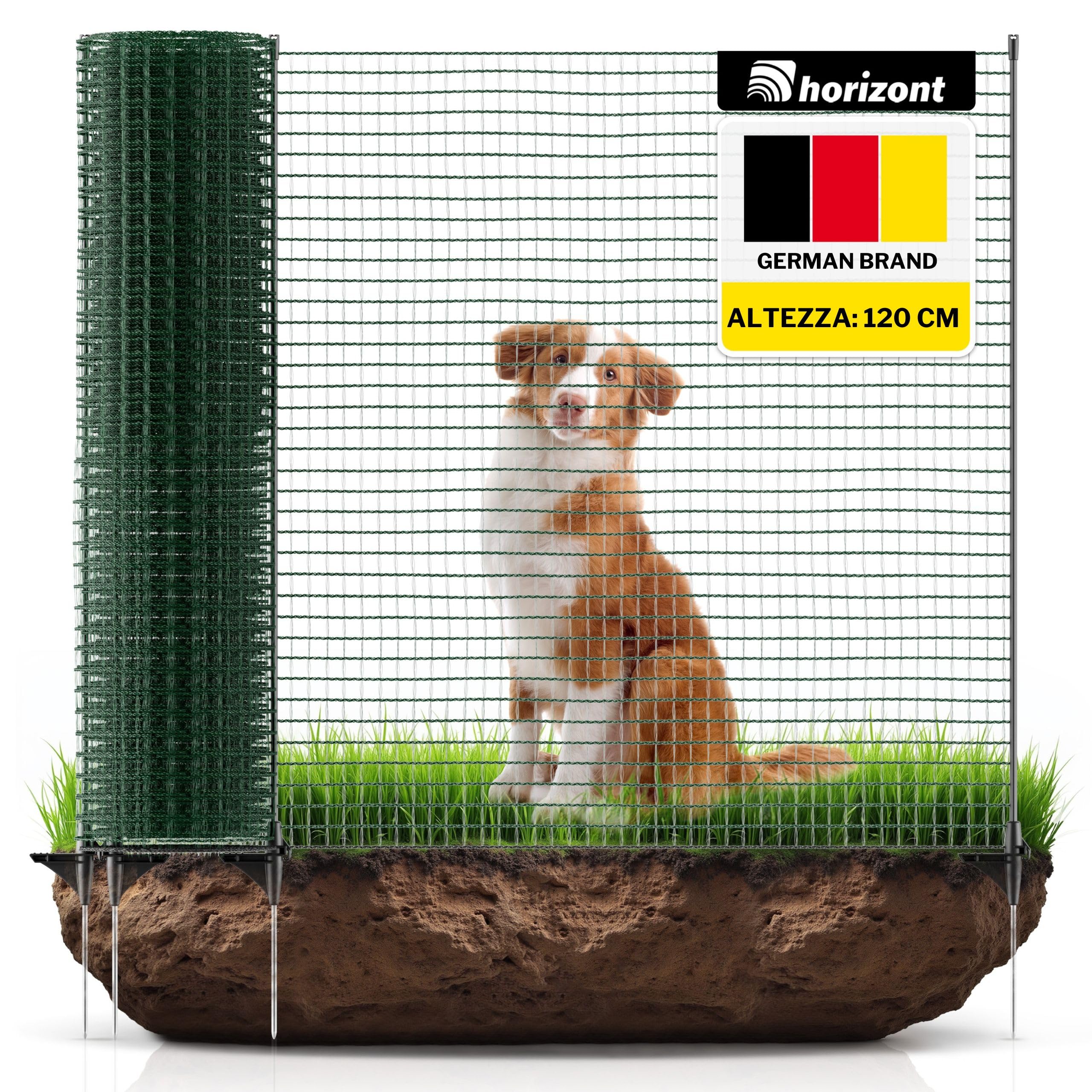 horizont Begrenzungszaun FIX, mobiler Zaun 20 m lang, 120 cm hoch, ideal für große Haustiere, Hundezaun, Camping, Gartennetz, inkl. 12 Pfähle, Absperrzaun, Steckzaun, Auslauf für Hunde
