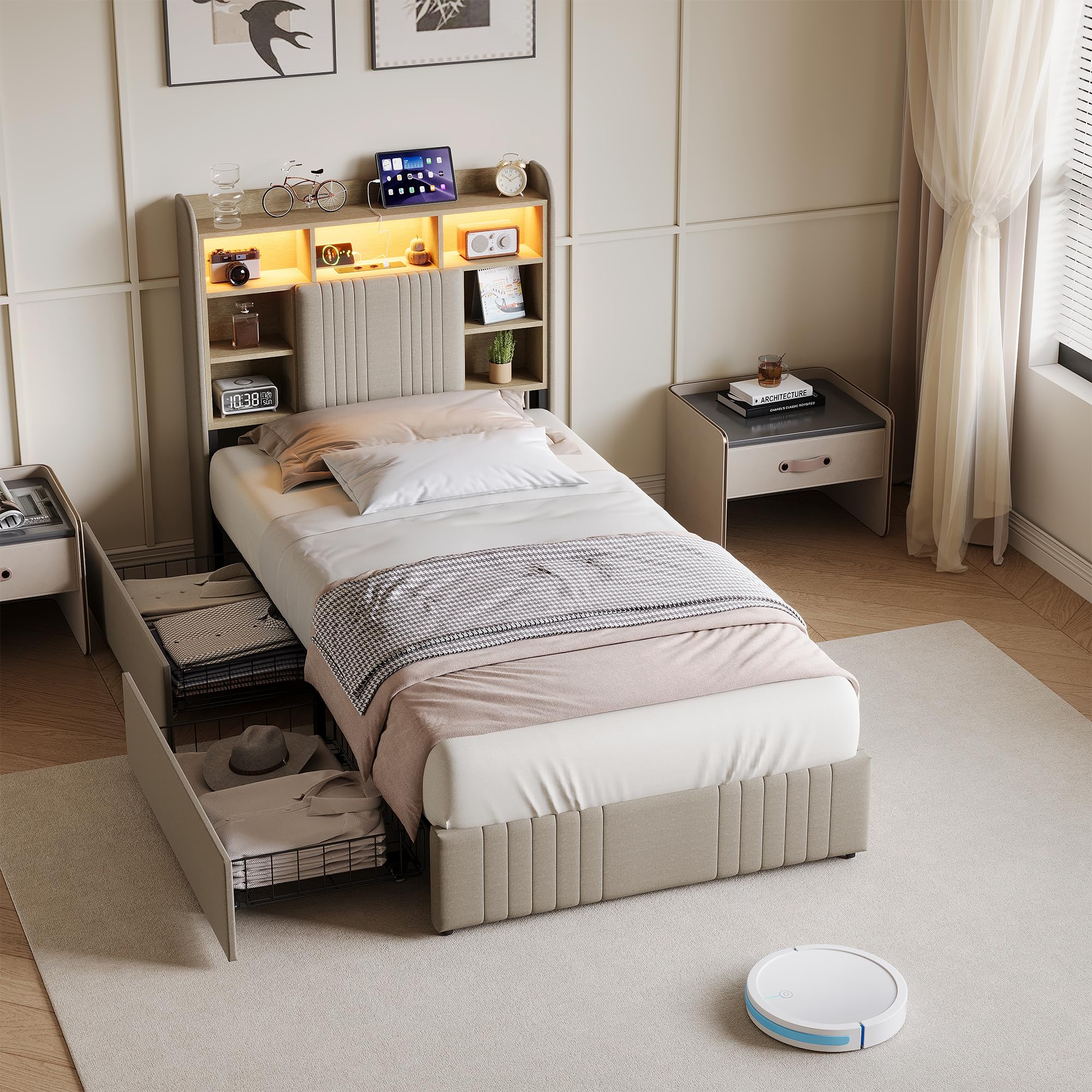 Letto singolo imbottito, 90 x 200 cm, con LED e vano portaoggetti, letto per ragazzi 90 x 200 cm, con illuminazione a LED e stazione di ricarica USB e tipo C, struttura imbottita con 2 cassetti
