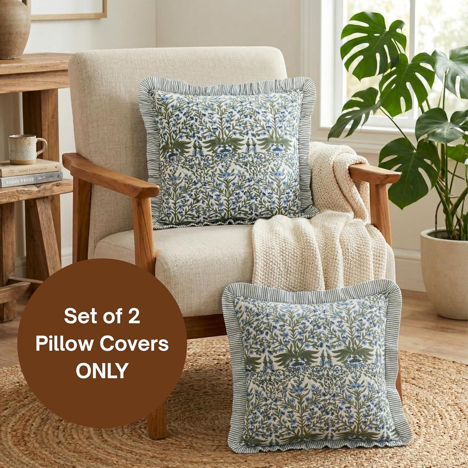 ATOSII Hand Block Printed 100% Cotton Ruffle Throw Pillow Covers, SET OF 2, Decorative Cushion Covers for Sofa, Couch, Bed, Living Room, Bedroom Home Decor for Spring Summer, 18 X 18 Inch, Nargis Blue