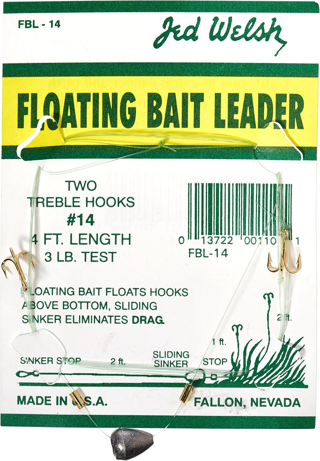 Jed Welsh Fishing 3 Pack Floating Bait Leader Size 14 Hook Rigs with