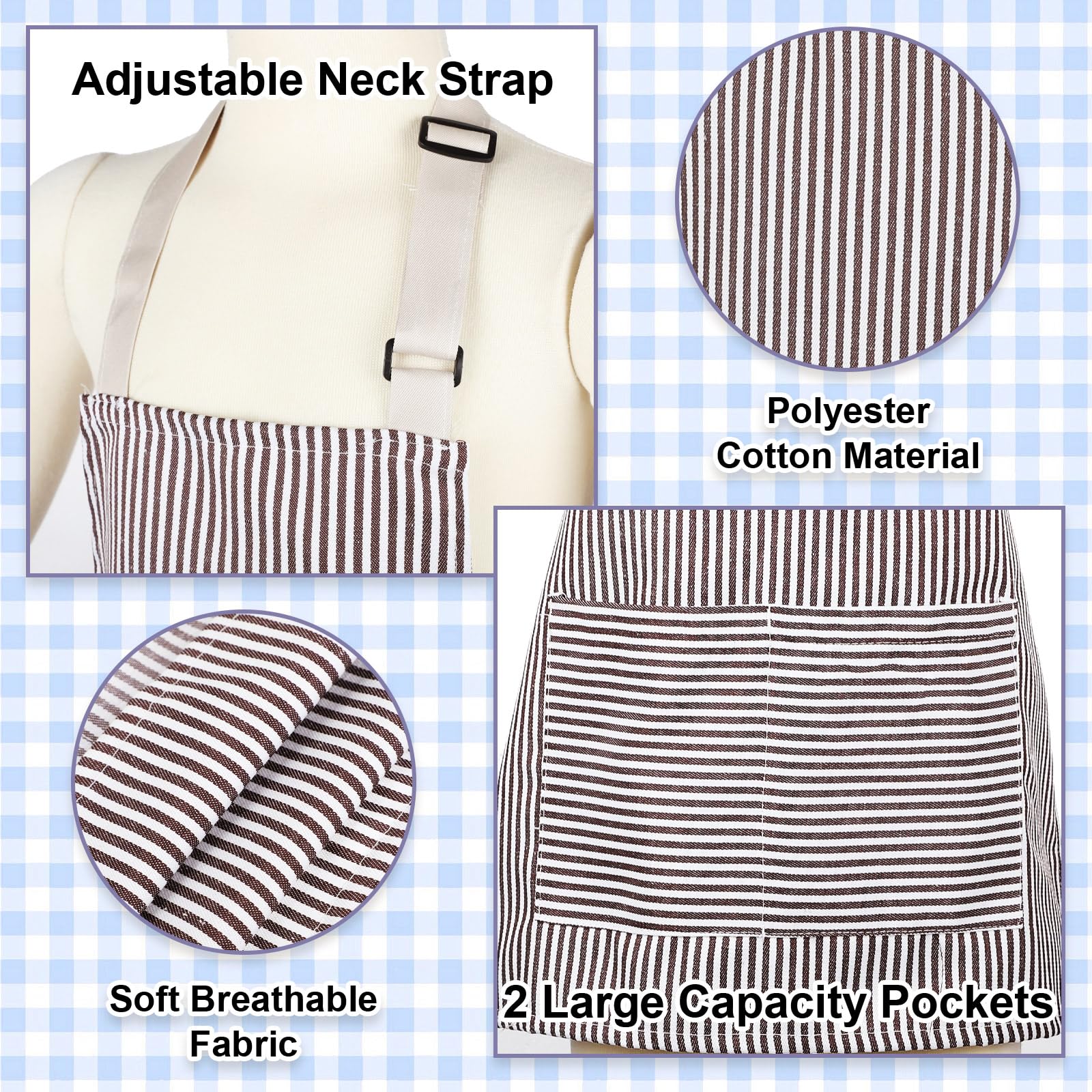 Newcotte Delantal de chef ajustable de algodón para niños y niñas, 8 piezas, con 2 bolsillos, delantal a rayas, delantales de cocina para niños y niñas, azul y marrón, Tiras grises y blancas, tiras