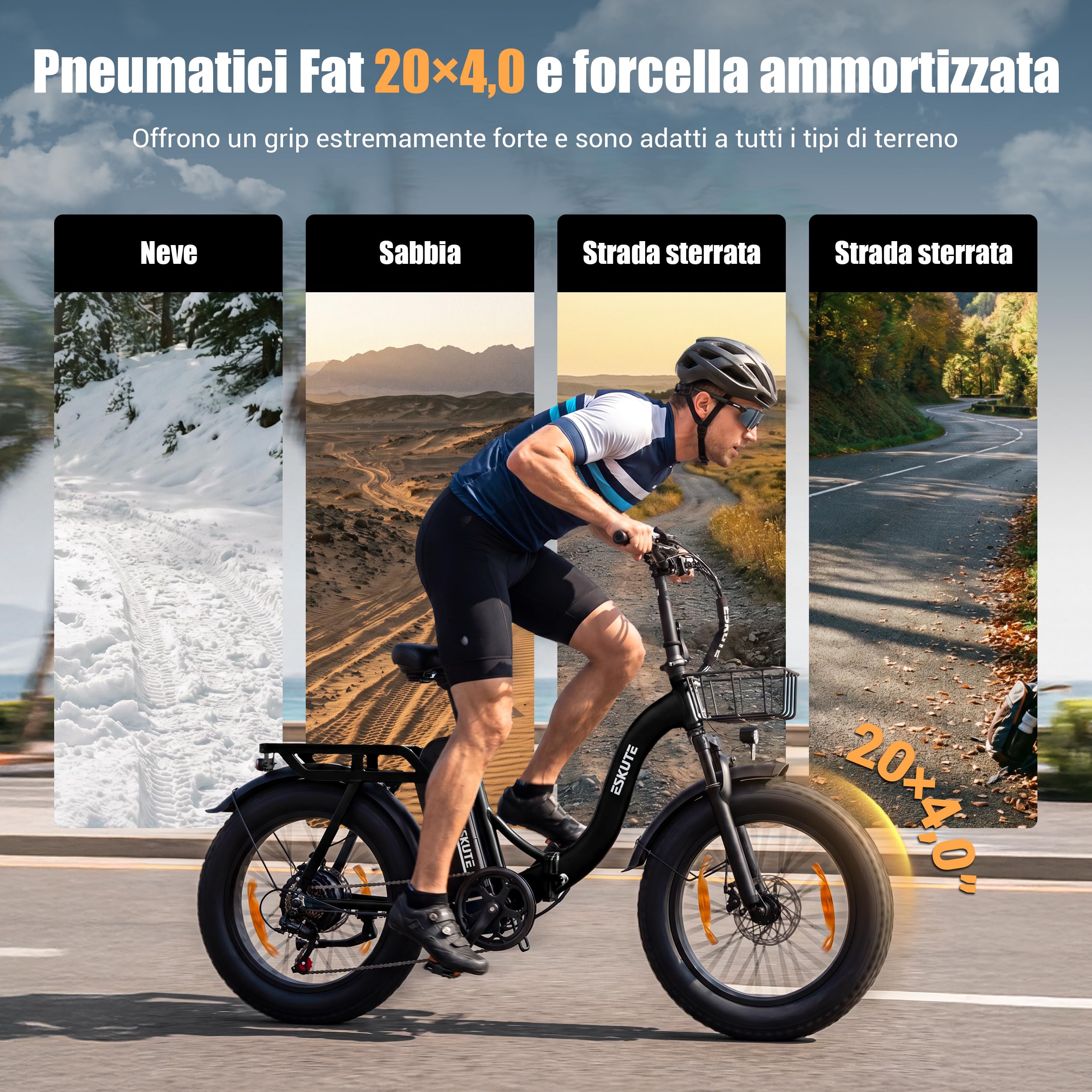 ESKUTE D202 Pro Bicicletta Elettrica Adulti 20×4.0 Fat Bike, eBike Uomo Donna con Batteria Rimovibile 48V 20.8Ah, Bici Elettrica All Terrain a 7 Velocità, Pneumatici Larghi, Autonomia fino a 100KM
