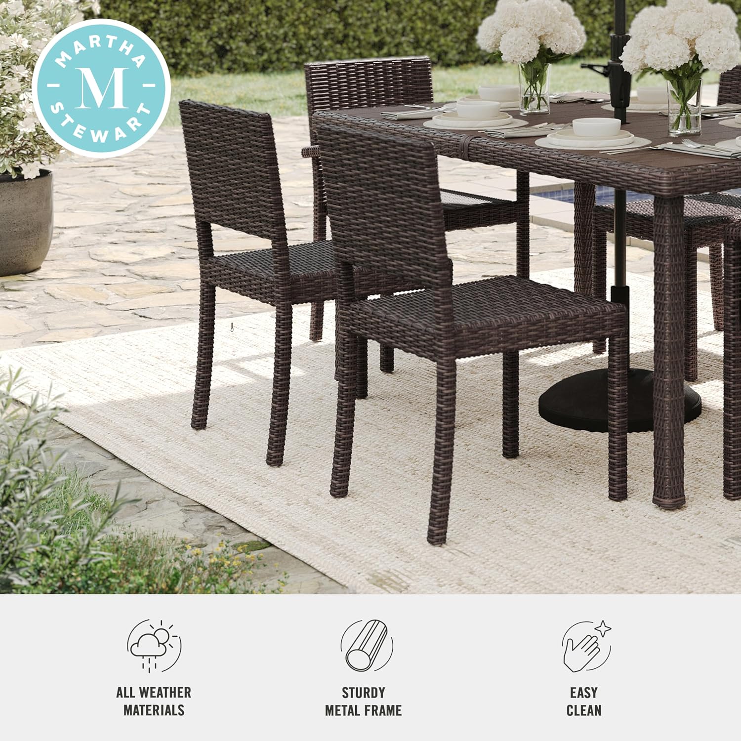 Martha Stewart Bedford Indoor-Outdoor Stackable Patio Chairs with Rattan Wicker Finish in Brown, Set of 2