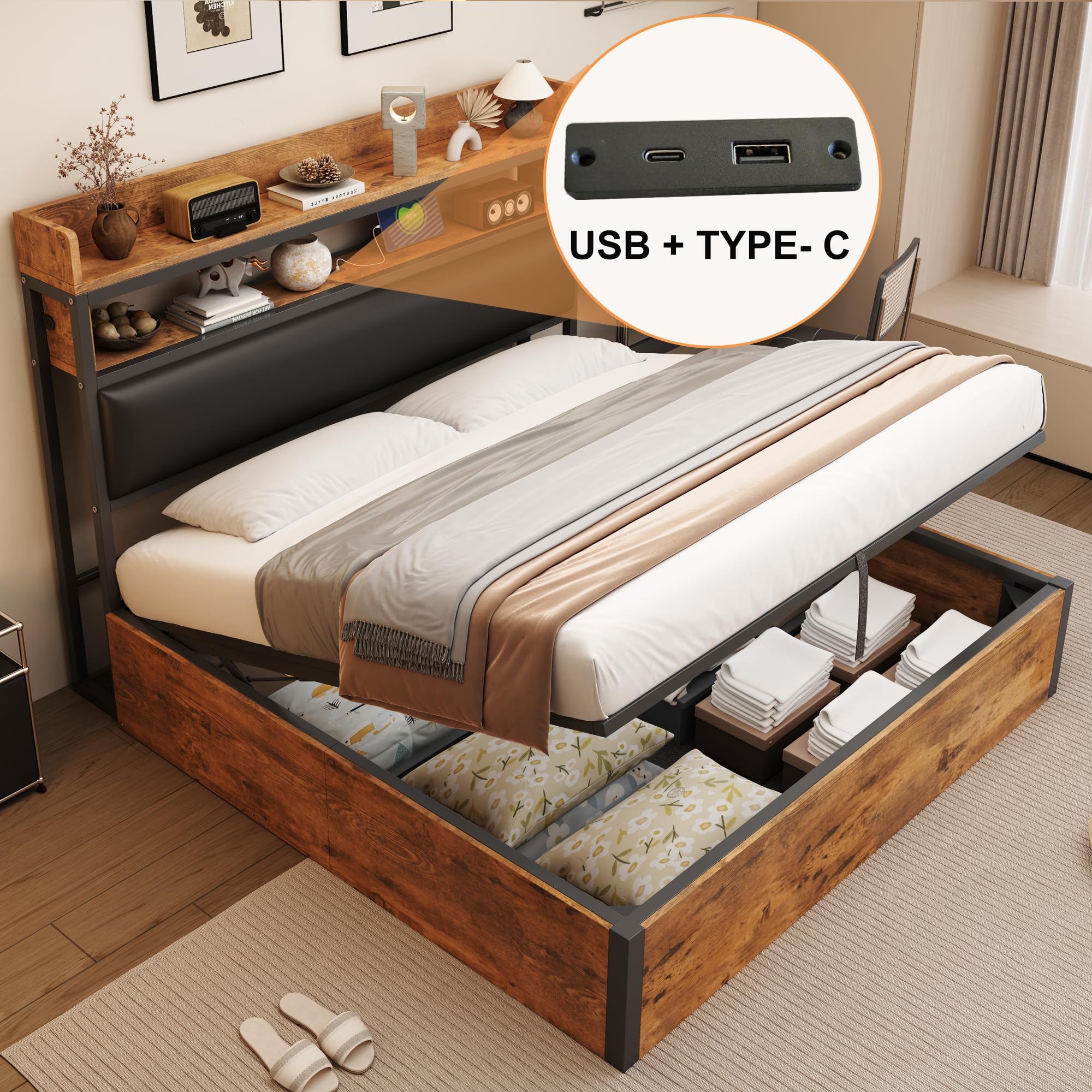 Letto 180 x 200 con sollevamento idraulico, USB, testata imbottita, design vintage in legno e metallo, spazio di archiviazione nascosto per letto matrimoniale. Mobili moderni per camera da letto