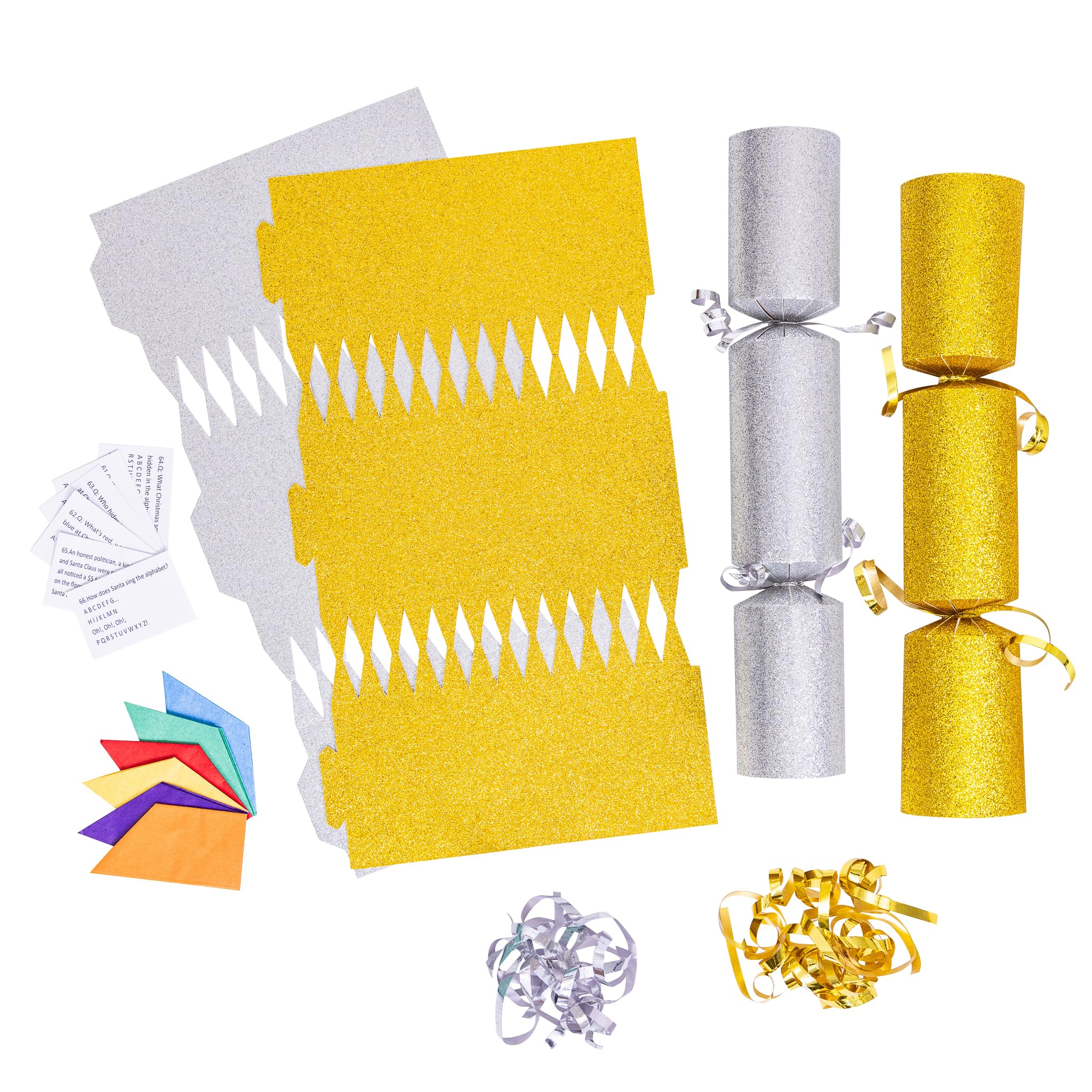 Evelay Gold, Silver 12 Make Your Own Christmas Cracker Kit Diy Gold & Silver Glitter Crackers Hats Snaps Jokes (Gold, Silver)