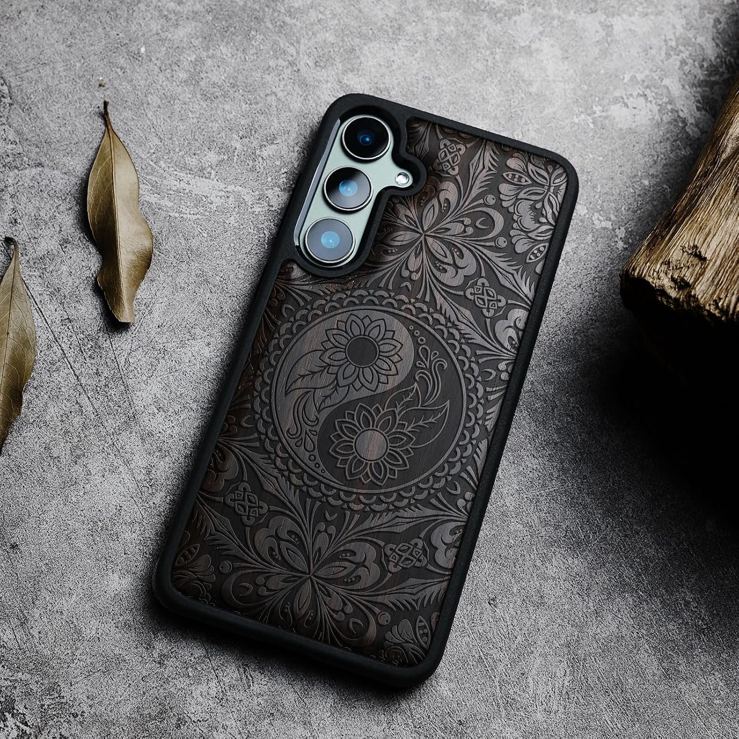 Carveit Wood Case for Galaxy S23 FE Case [Natural Wood & Black Soft TPU] Shockproof Protective Cover Unique Wooden Design Compatible with S23 FE (The Yin Yang Mandala-Blackwood)