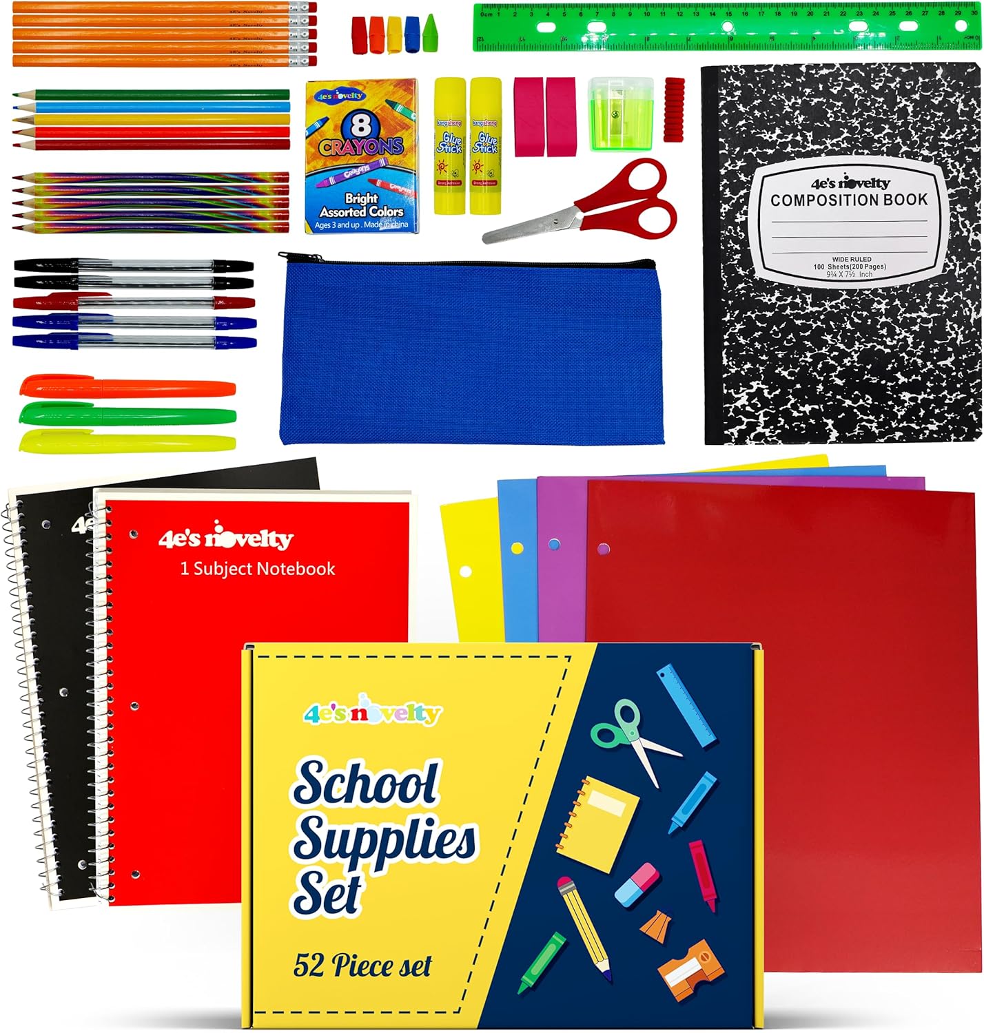 4E’s Novelty 52 Pieces Schools Supplies Kit for K1-8 Back to School Supply Box with Essential Student Kits, School Supply Bundle Middle Elementary Schools Supplies Kit Grades 1 2 3 4 5 6 7 8