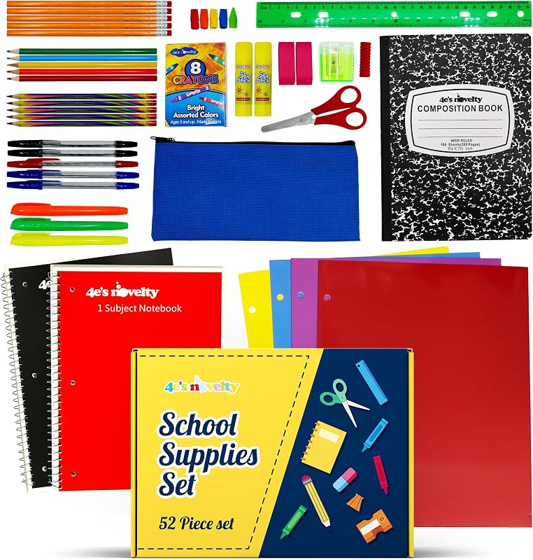 4E's Novelty 52 Pieces Schools Supplies Kit for K1-8 Back to School Supply Box with Essential Student Kits, School Supply Bundle Middle Elementary Schools Supplies Kit Grades 1 2 3 4 5 6 7 8