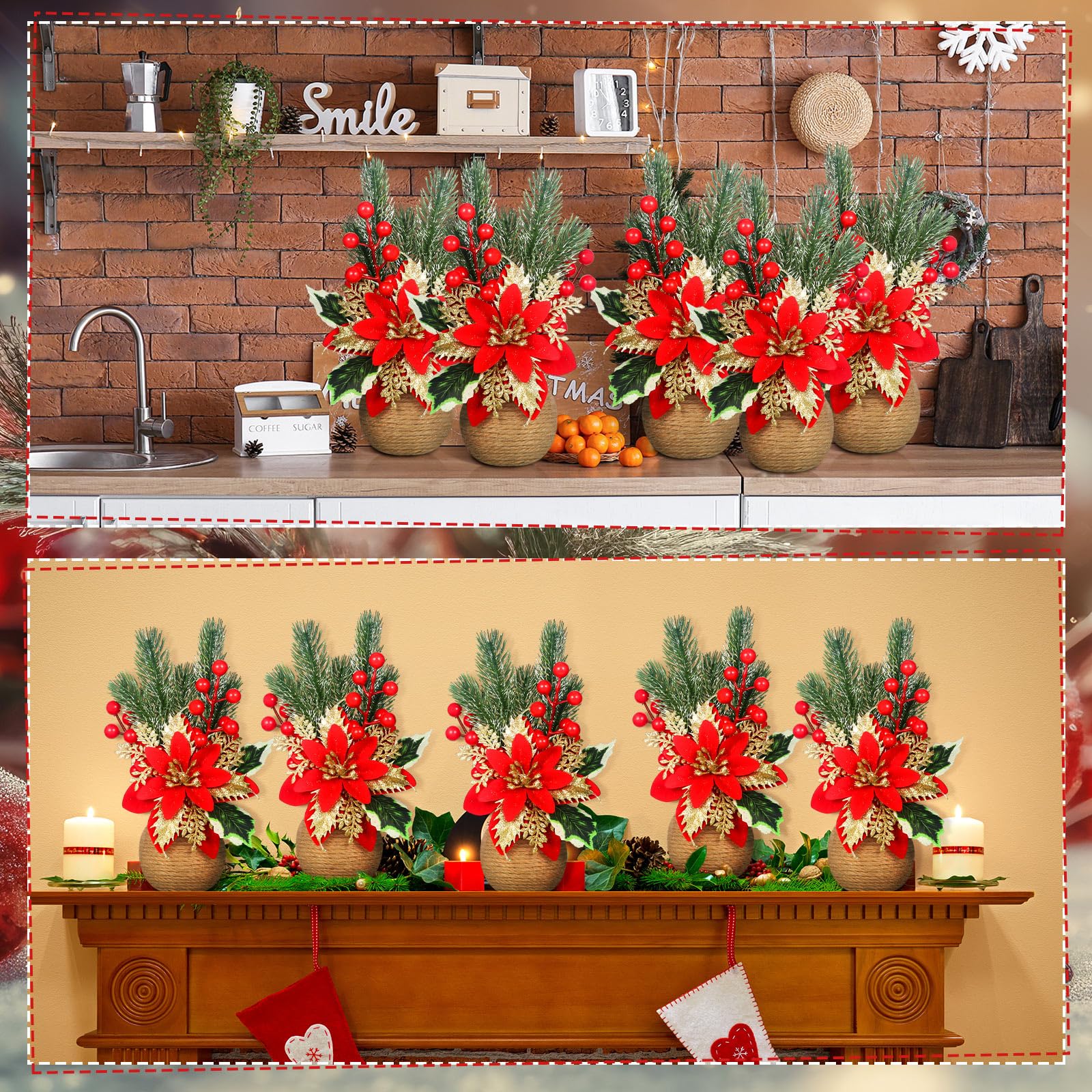 Zeyune Künstliche Weihnachtssterne mit roten Tannenzapfen, Weihnachtsstern und Stechpalmenbeeren, Seidenblumenarrangements, dekorativer Topf, Grün, Urlaub, Heimdekoration, 8 Stück