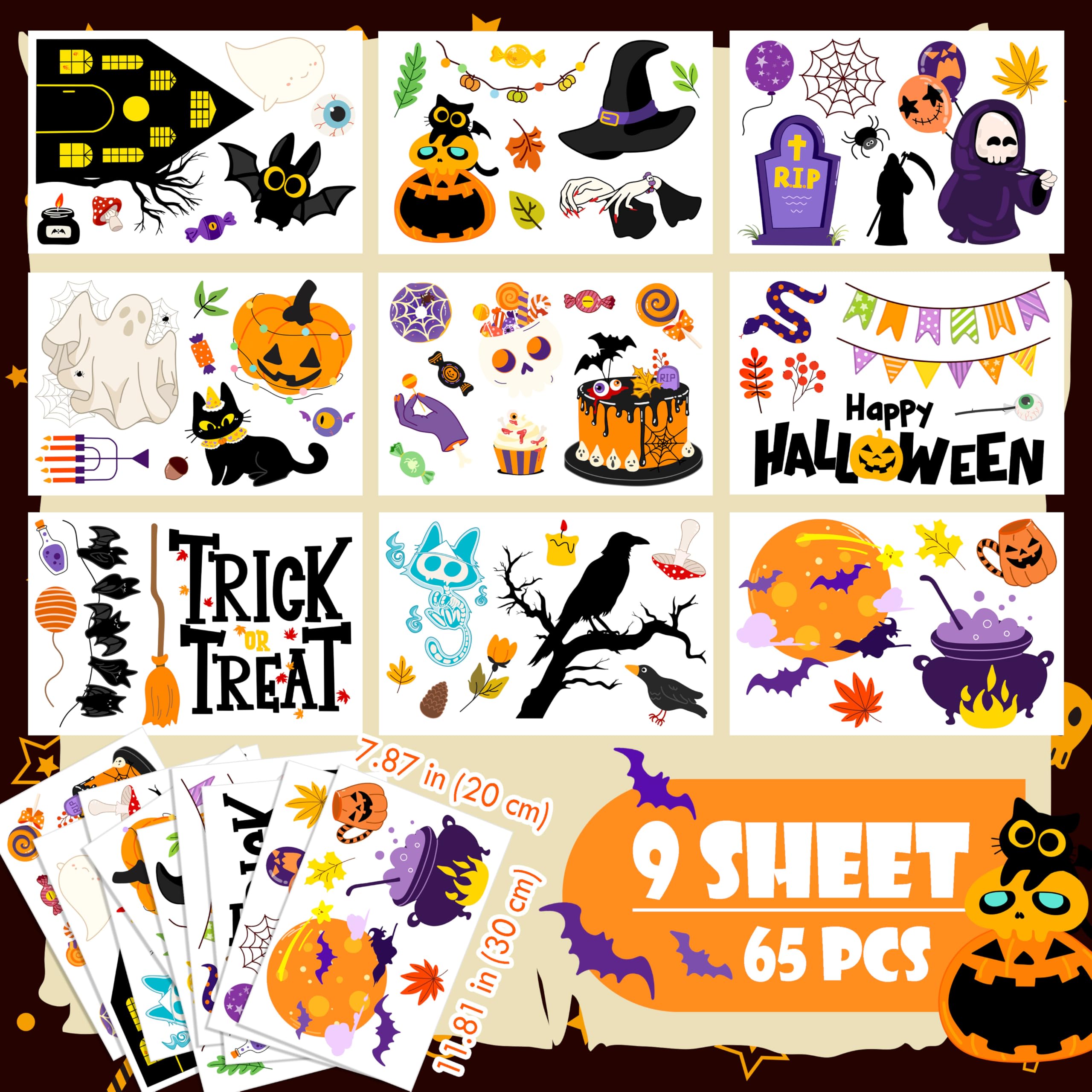 KAHSHEEN Halloween Window Clings - Halloween Decorations Static Window Stickers for Glass, Removable Large Double-Sided Window Decals for Indoor Home Decor, Bat Fall Cute Party Gift, 65 PCS/9 Sheet
