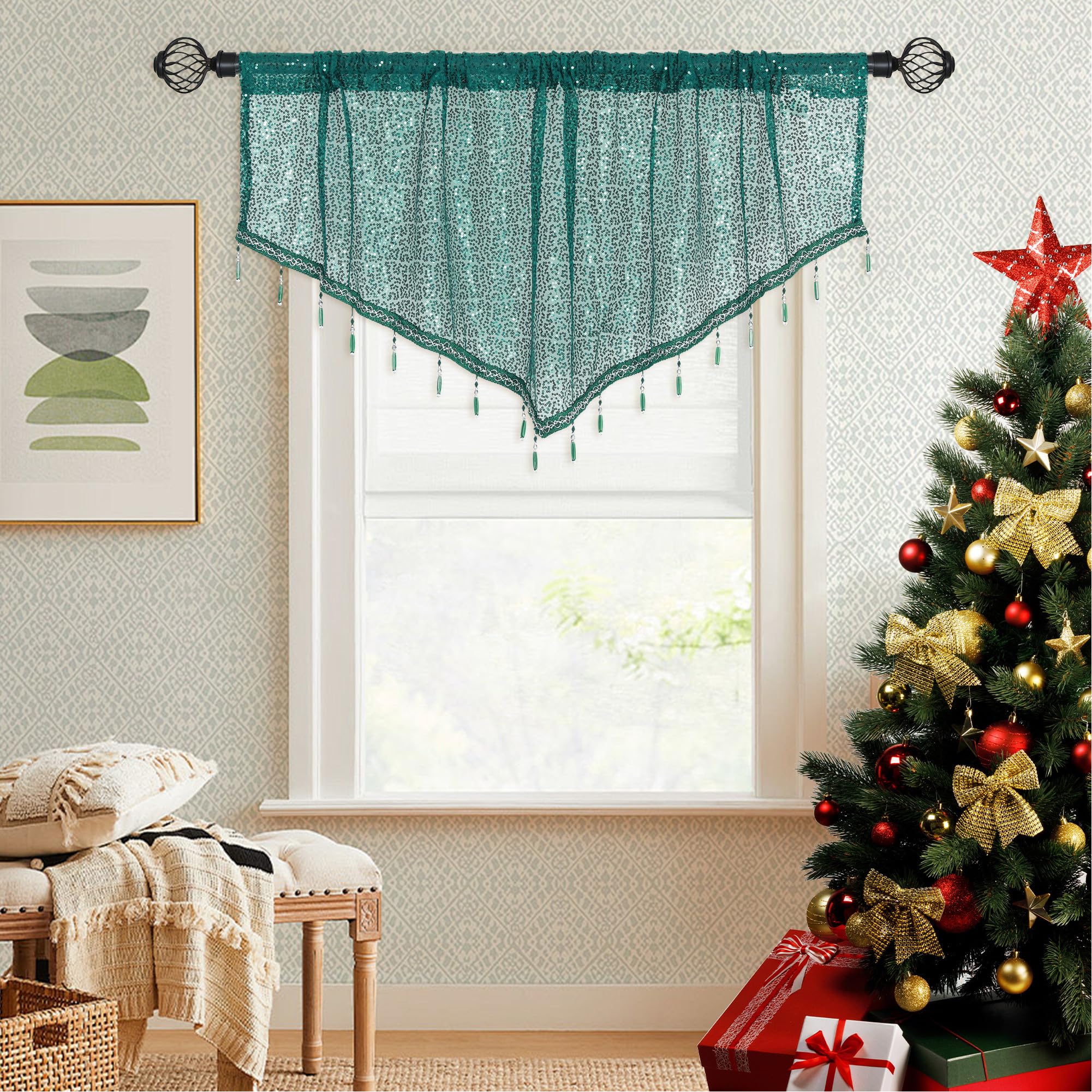 Bentrilisa Sequin Green Green Beaded Sequin Curtain Valances Rod Pocket Triangle Window Valance With Vintage Tassel Trim Short Scalloped Curtain For Kitchen Holiday Party, 1 Panel, 51 X 24 Inch