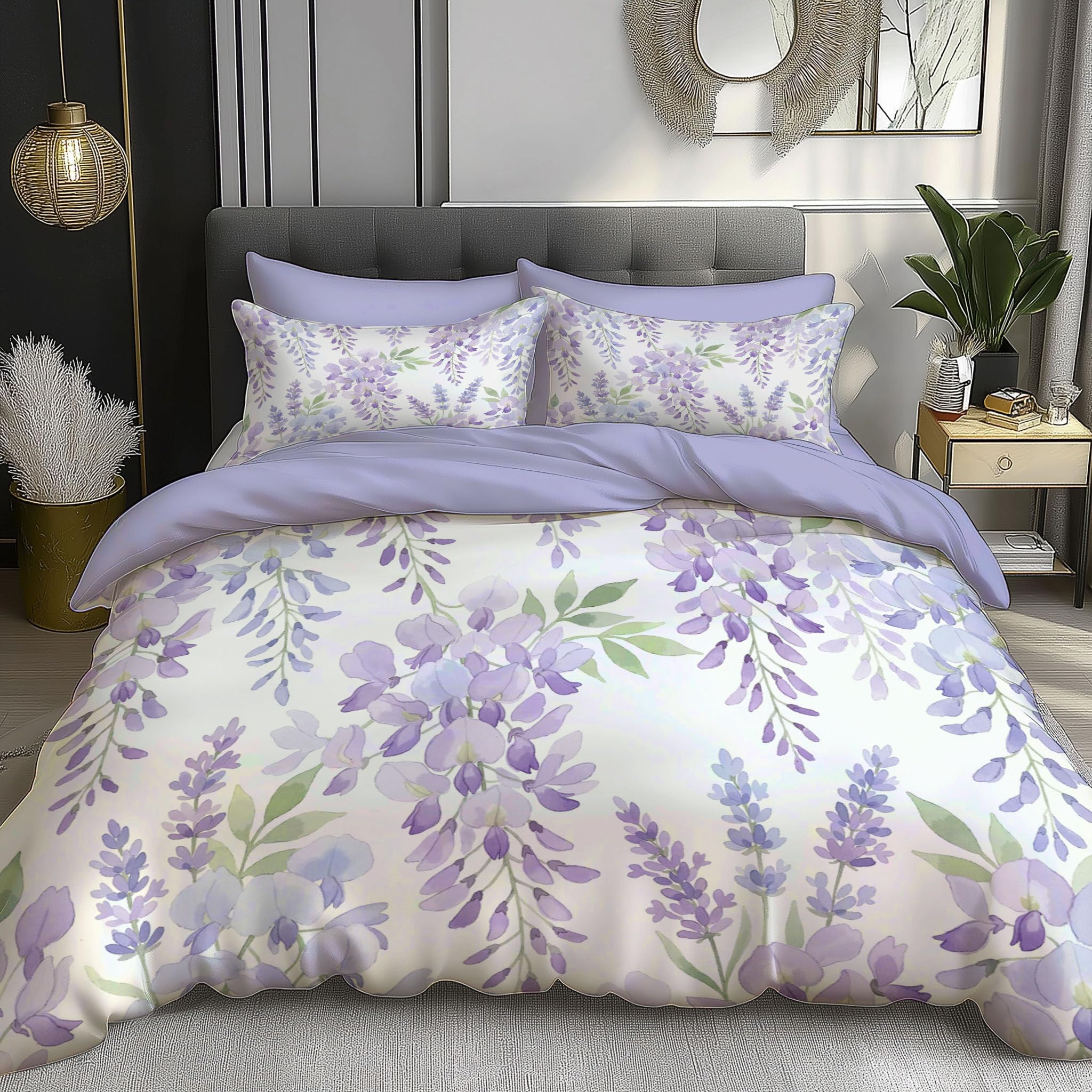 Parure de lit aquarelle violette 140x200cm au motif de glycine élégant