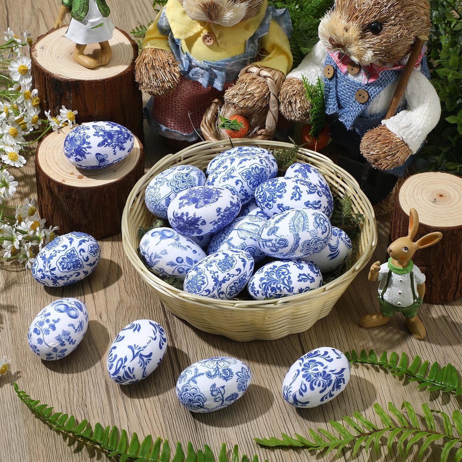 Suzile 24 Pcs Easter Eggs Blue and White Chinoiserie Spring Bowl Filler Decor Fabric Wrapped Foam Eggs for Easter Home Trays Holiday Party Decorations Basket Vase Bowl Fillers