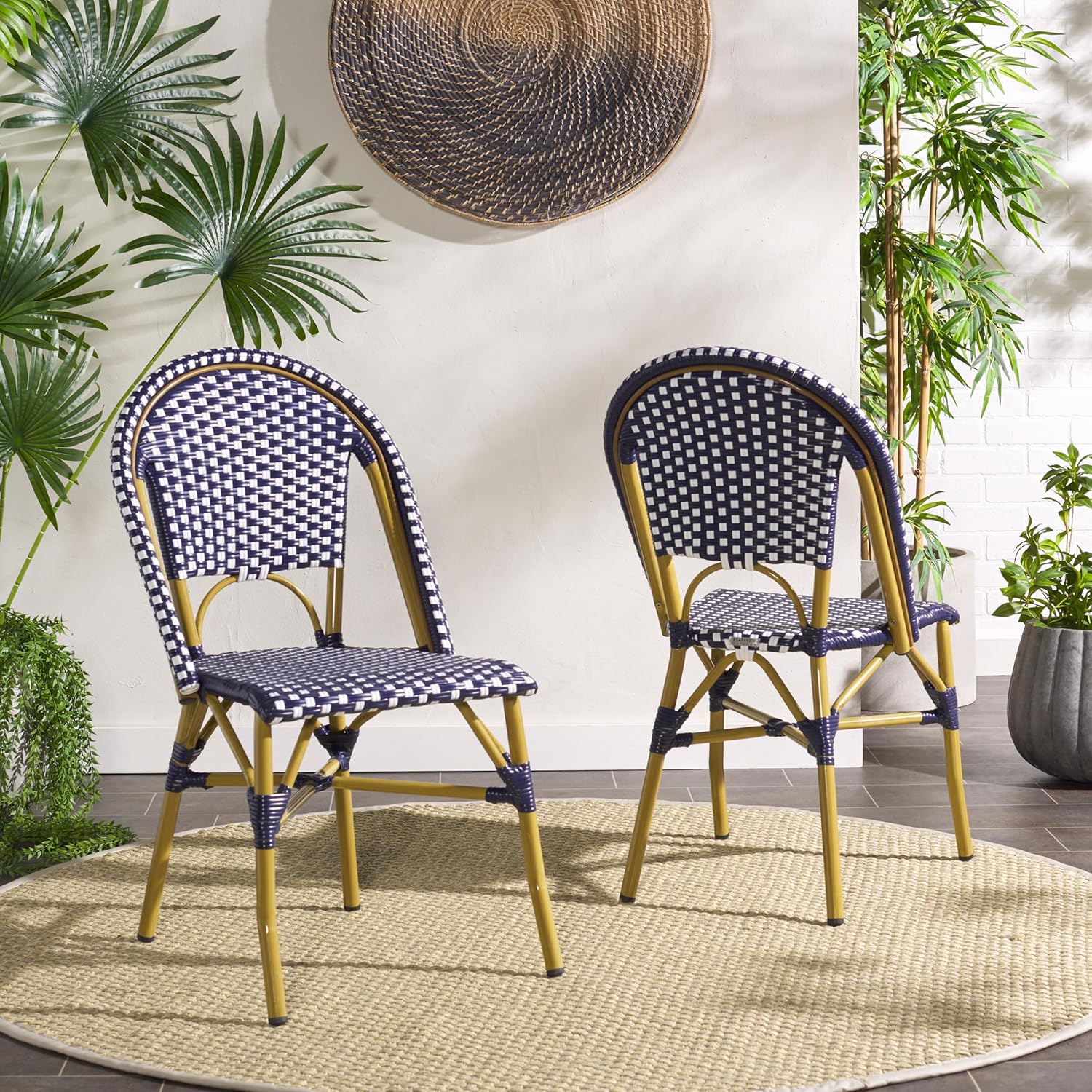 Safavieh Home Collection Hooper Indoor-Outdoor Stacking Side Chairs | Navy & White | Set of 2