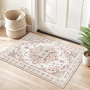 Madane Washable Area Rug 2x3, Small Entryway Rug Non-Slip Vintage Door Mat Indoor Entrance, Low Pile Floor Carpet for Inside Front Door Bedroom Kitchen Entry Laundry (2'x3', Pink)