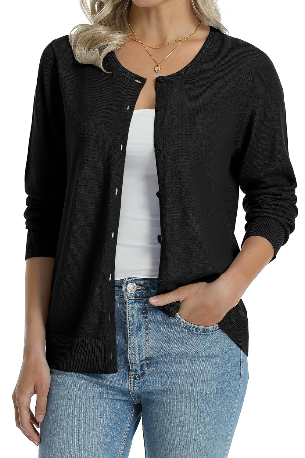 QUALFORT Womens 100 Cotton Lightweight Cardigans Long Sleeve Knitted Button Down Sweater
