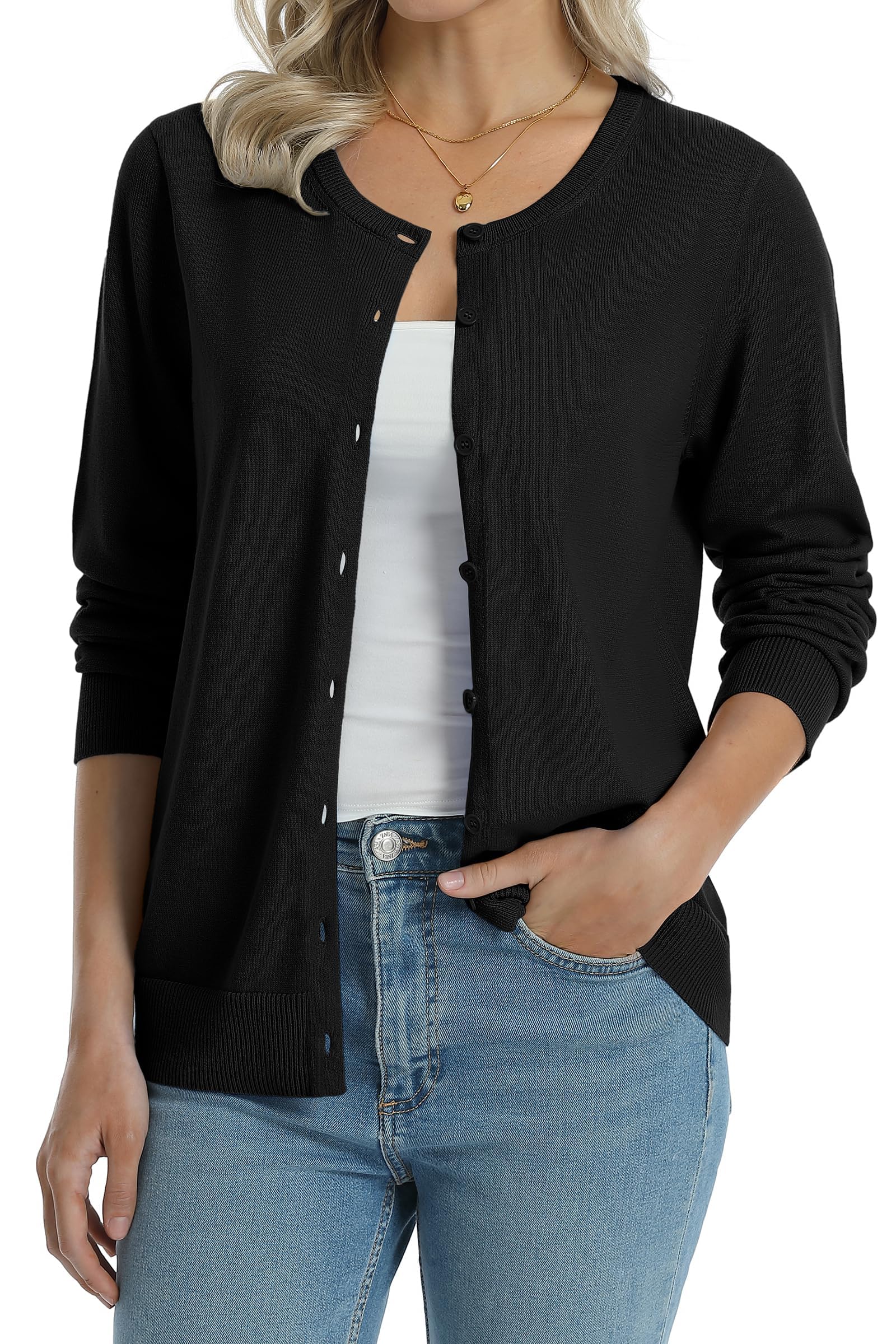 QUALFORT Womens 100 Cotton Lightweight Cardigans Long Sleeve Knitted Button Down Sweater