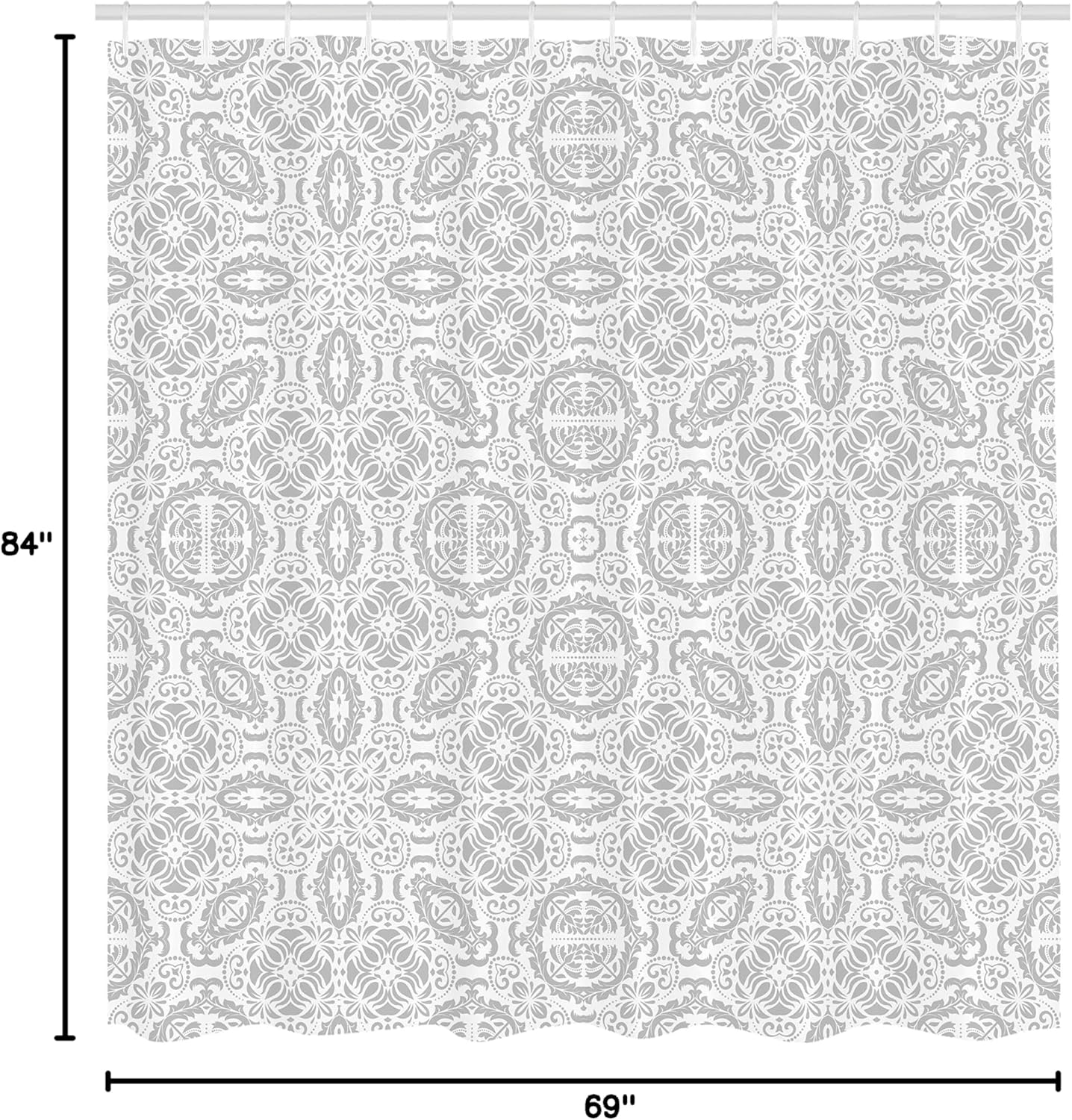 Ambesonne Grey Shower Curtain, Lace Victorian Damask Antique Baroque Design with Oriental Effects Renaissance Art, Cloth Fabric Bathroom Decor Set with Hooks, 69" W x 84" L, White