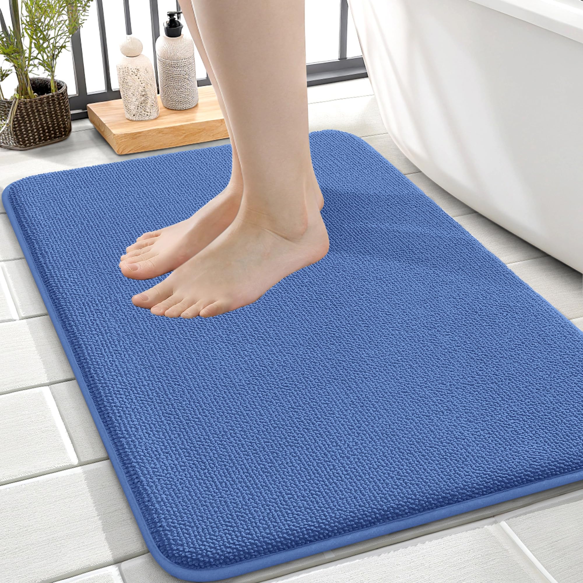OLANLY Memory Foam Small Bathroom Rug 24x16, Absorbent Mat, Cornflower Blue