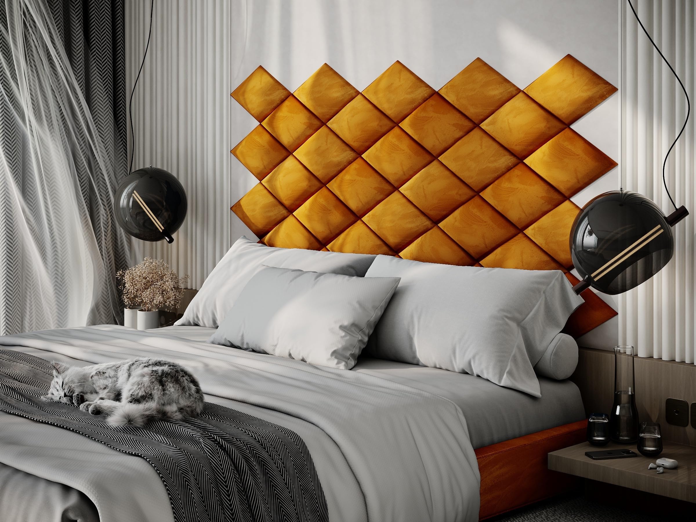 2 Pack — Upholstered Decorative Wall Panels Velvet Headboard Padding | Cushioned Planks | Padded Decor Collision Avoidance | Acoustic Soundproofing Treatment | (Yellow, 2x Rhombus (25x43cm))