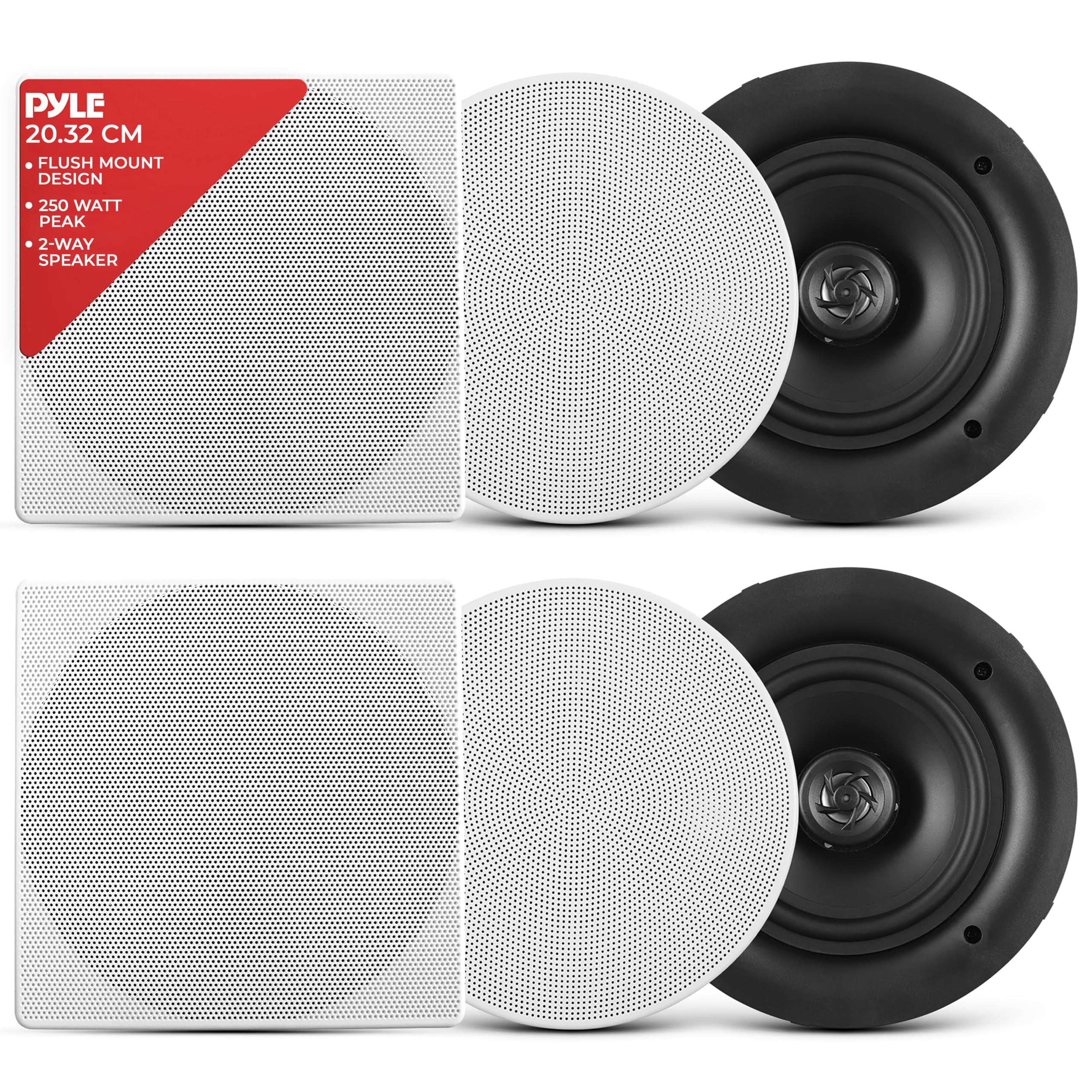 Pyle Ceiling Speakers - Stereo Home Theater Speakers - in Wall Speakers Flush Mount - 8-Inch White 250 Watt, 2-Way, (Pair) (PDIC86)